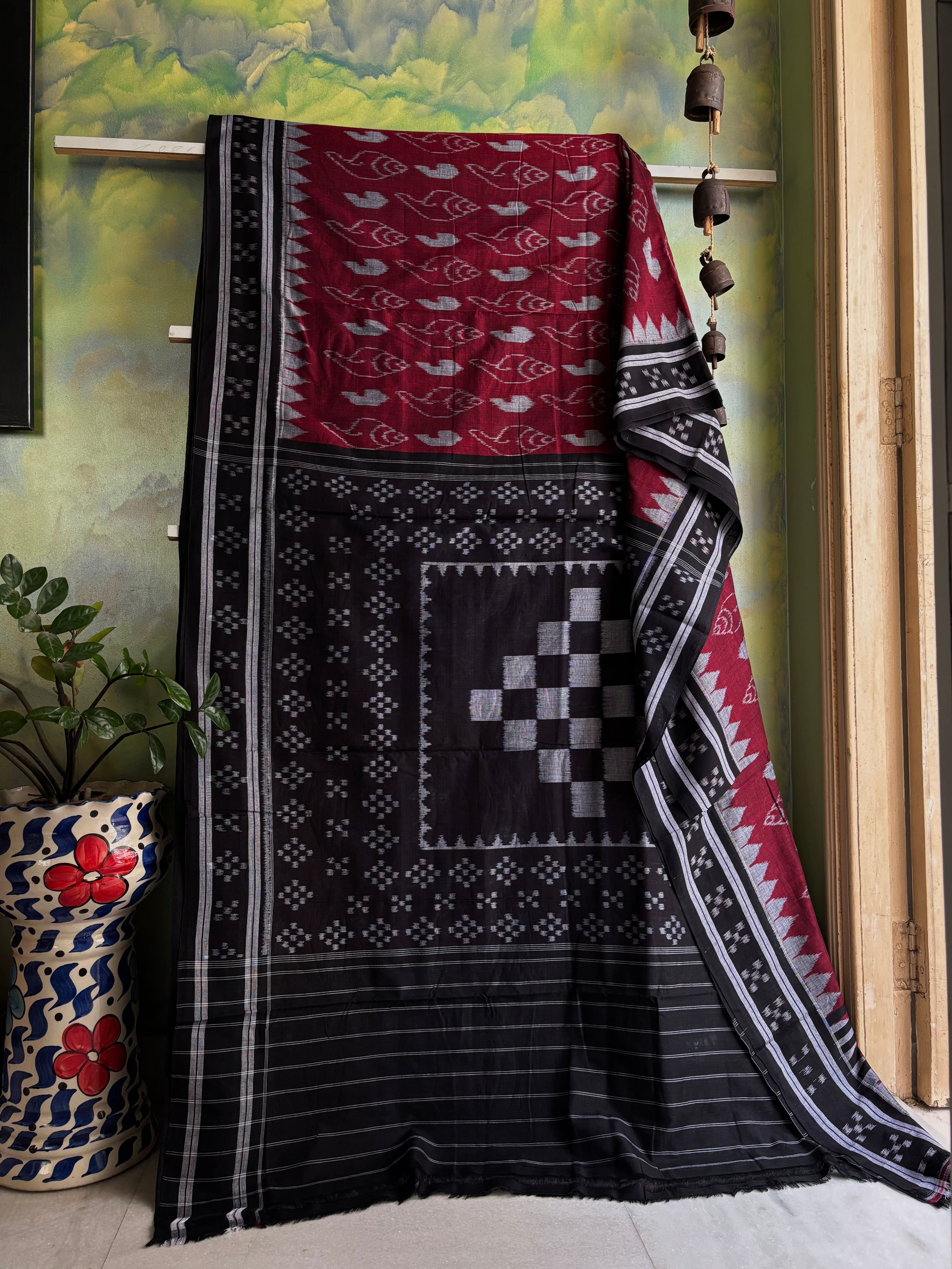 Handwoven Maroon Black Odisha Cotton Ikkat Saree
