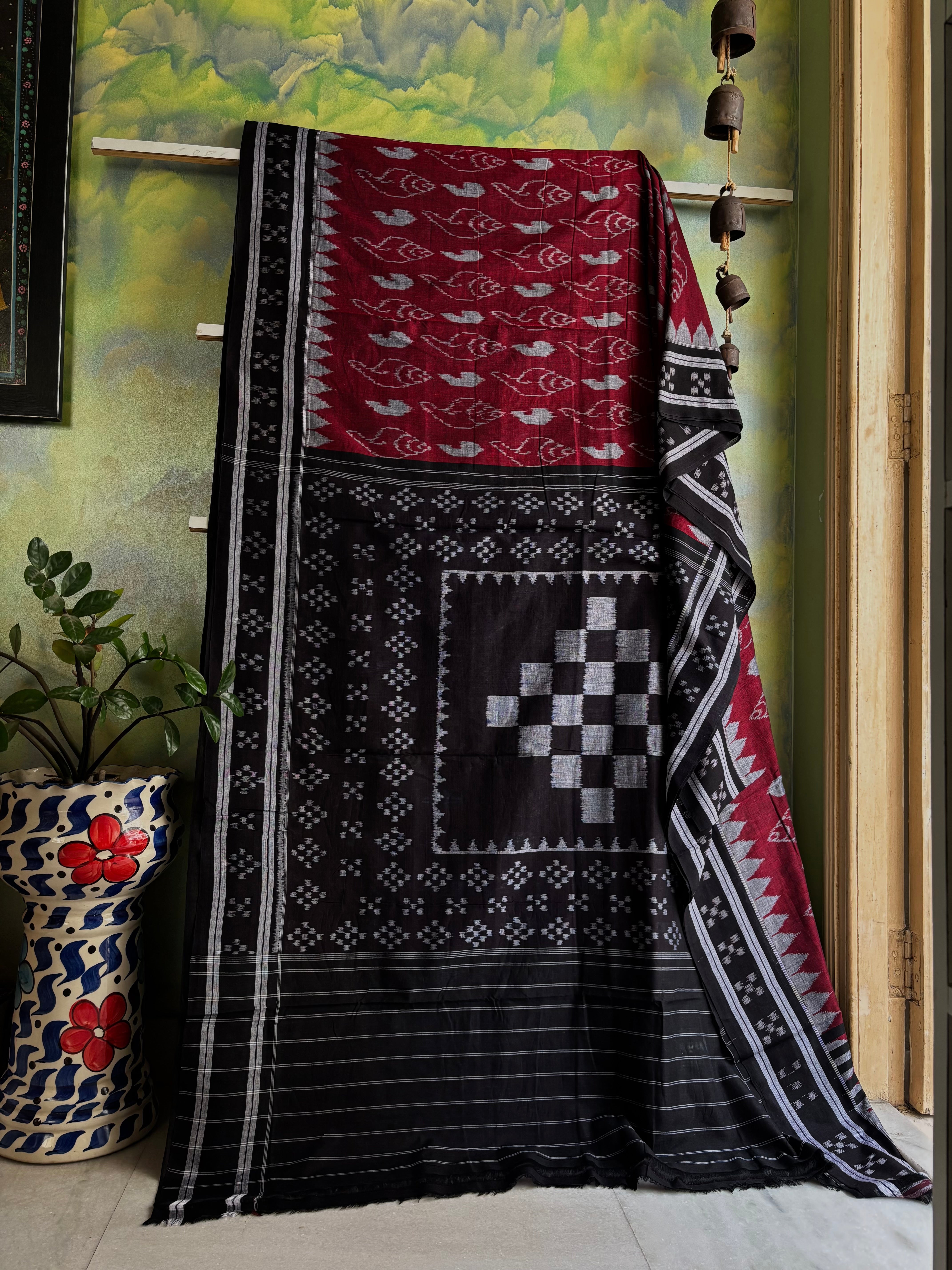 Handwoven Maroon Black Odisha Cotton Ikkat Saree