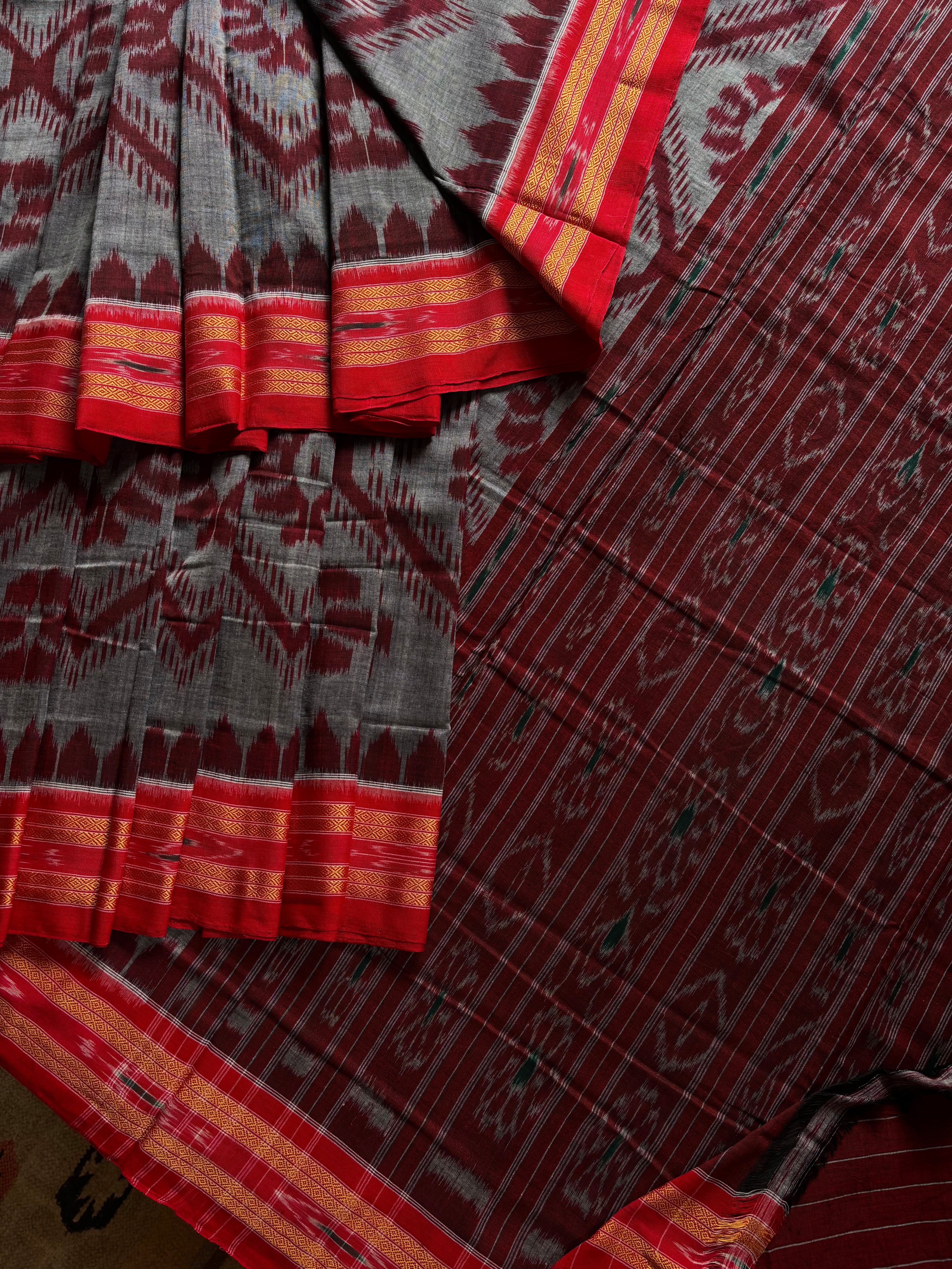 Handwoven Grey Red Odisha Cotton Ikkat Saree