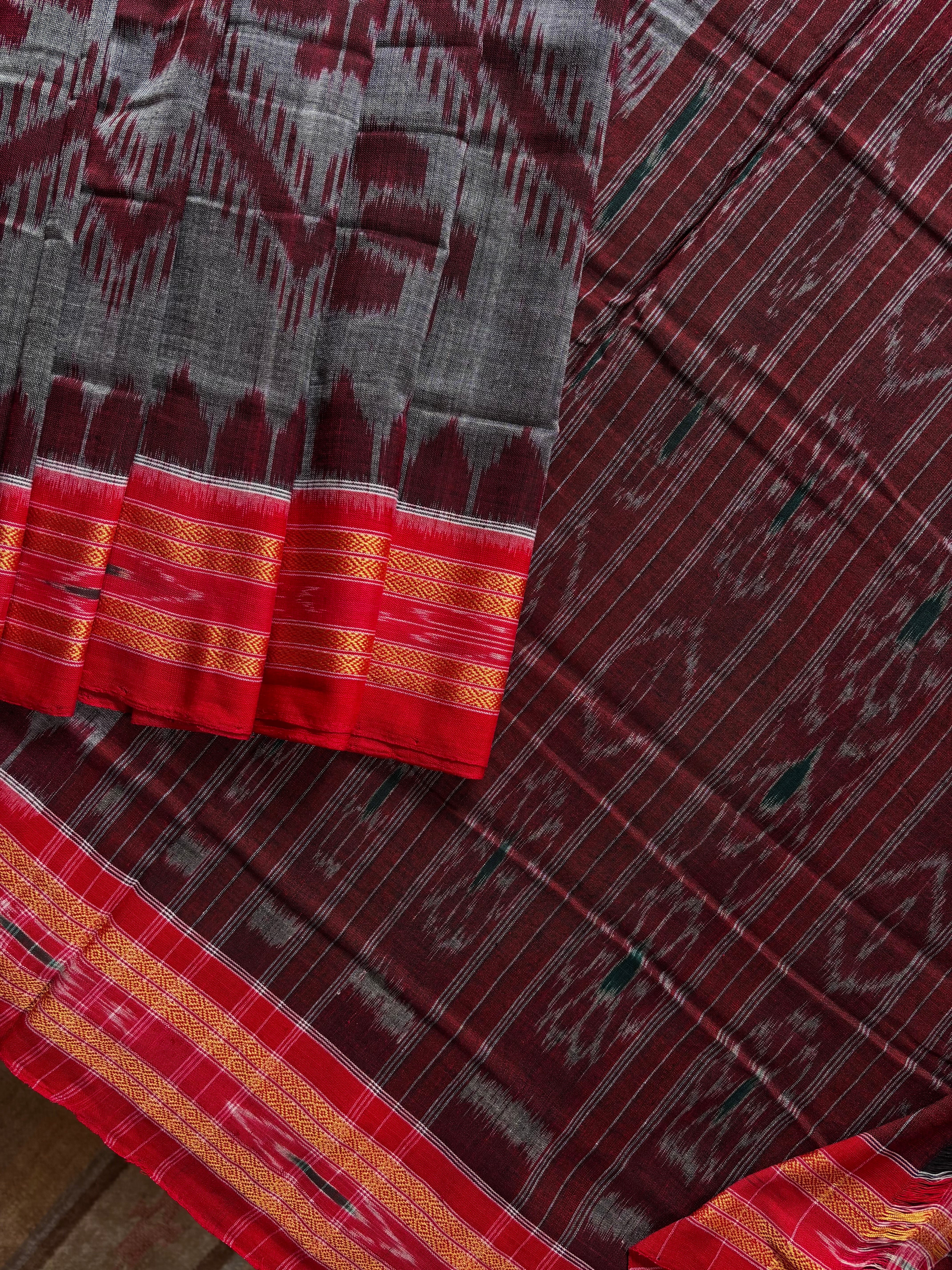 Handwoven Grey Red Odisha Cotton Ikkat Saree