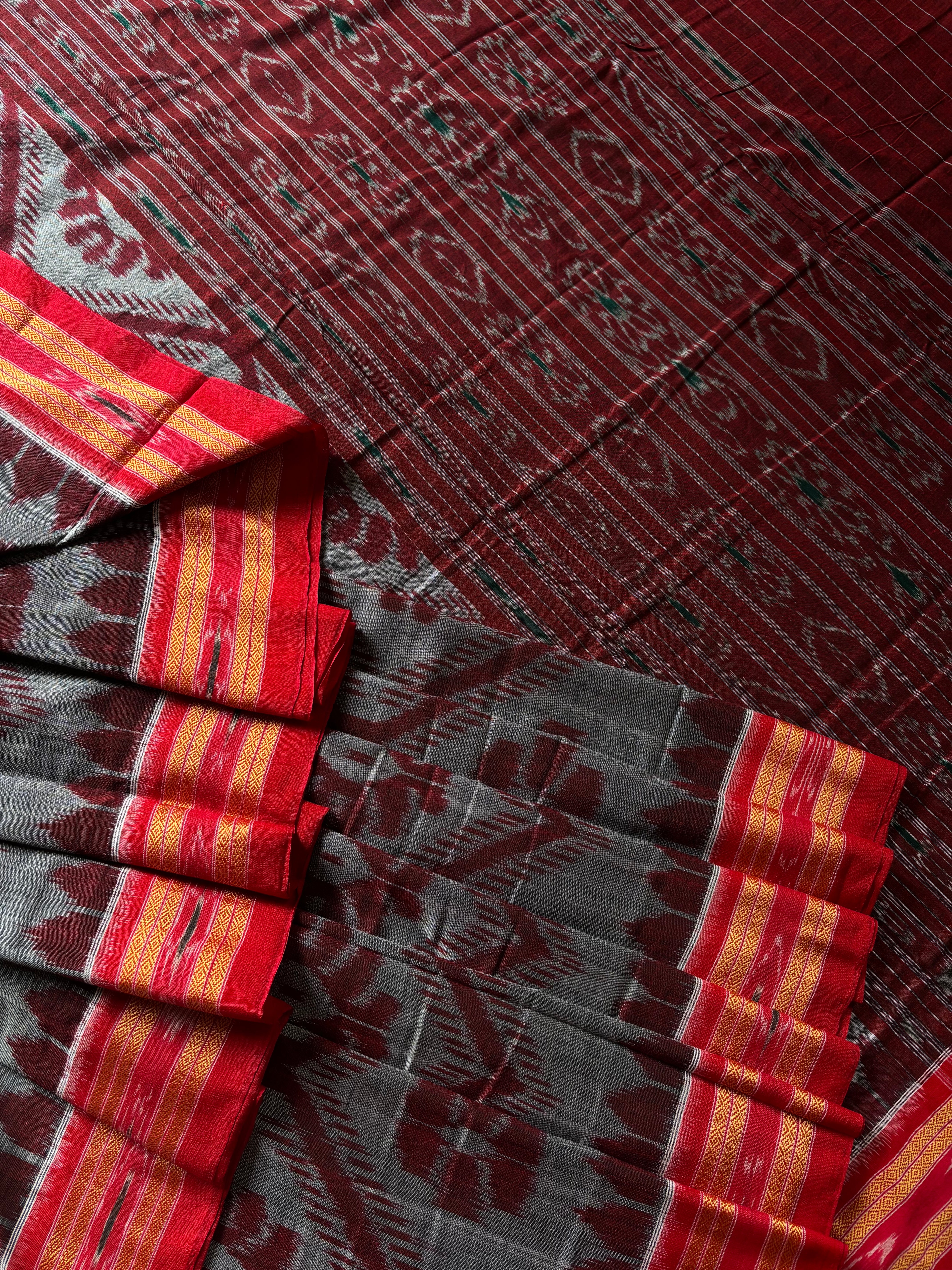 Handwoven Grey Red Odisha Cotton Ikkat Saree