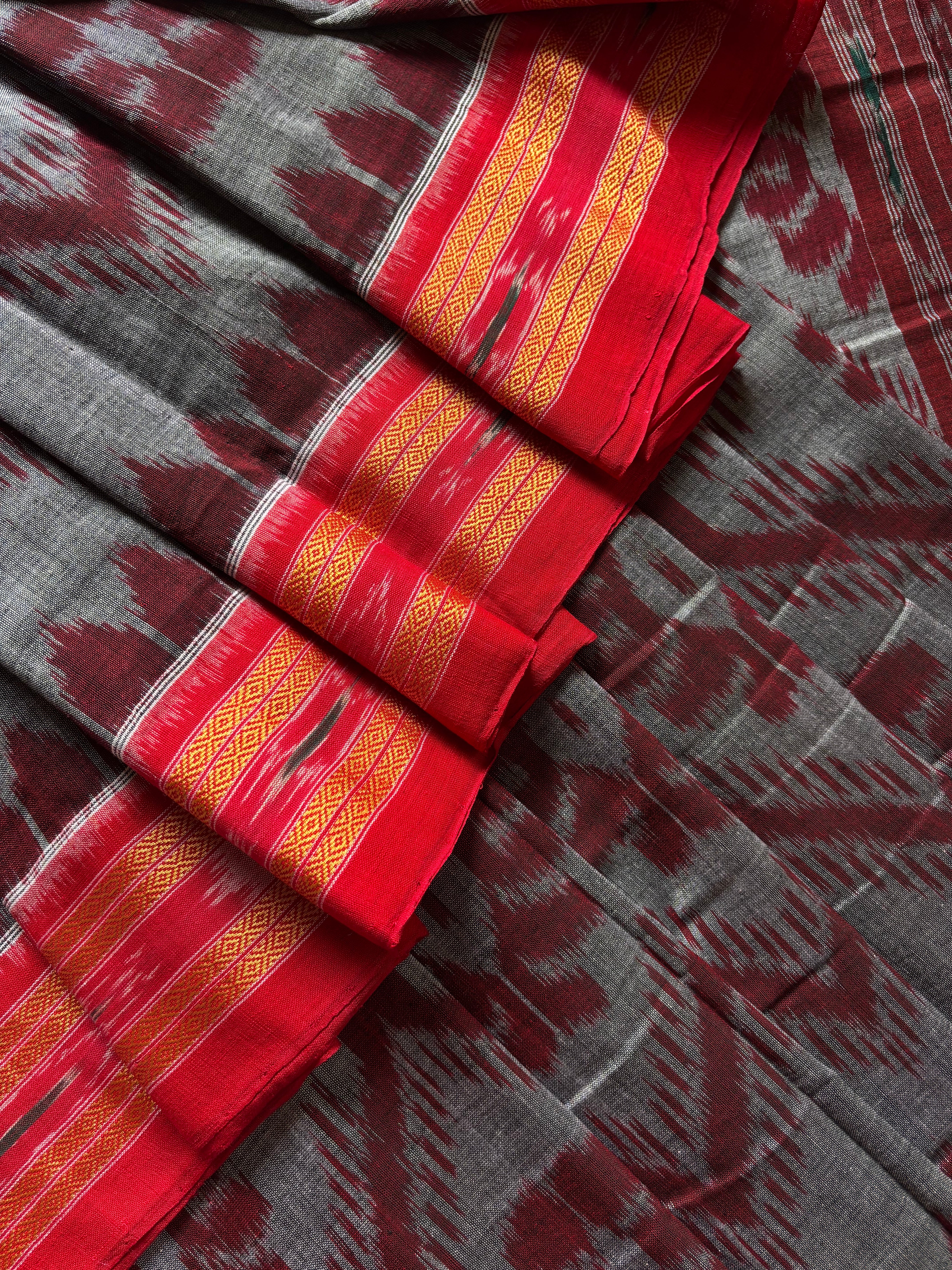 Handwoven Grey Red Odisha Cotton Ikkat Saree