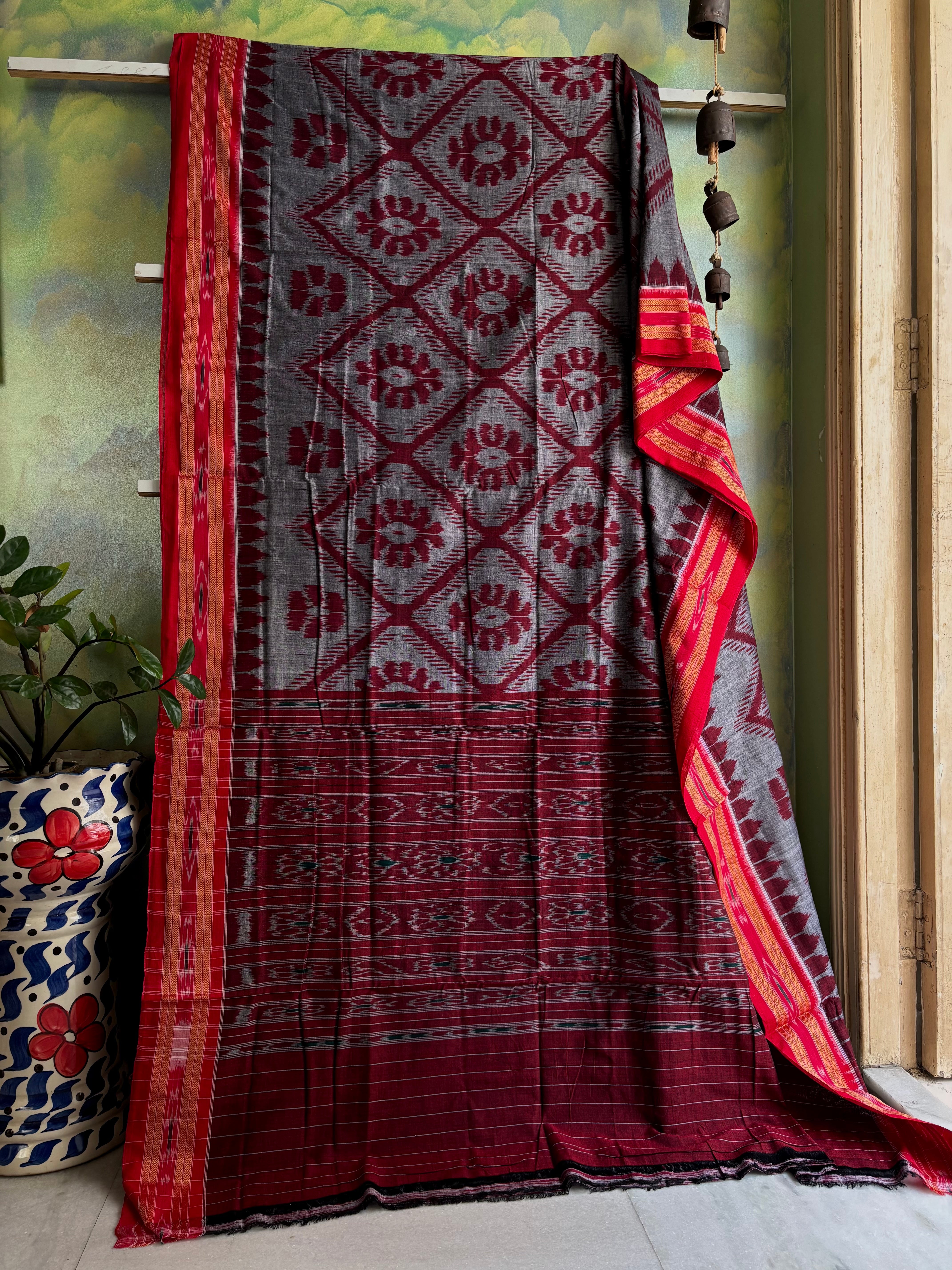 Handwoven Grey Red Odisha Cotton Ikkat Saree