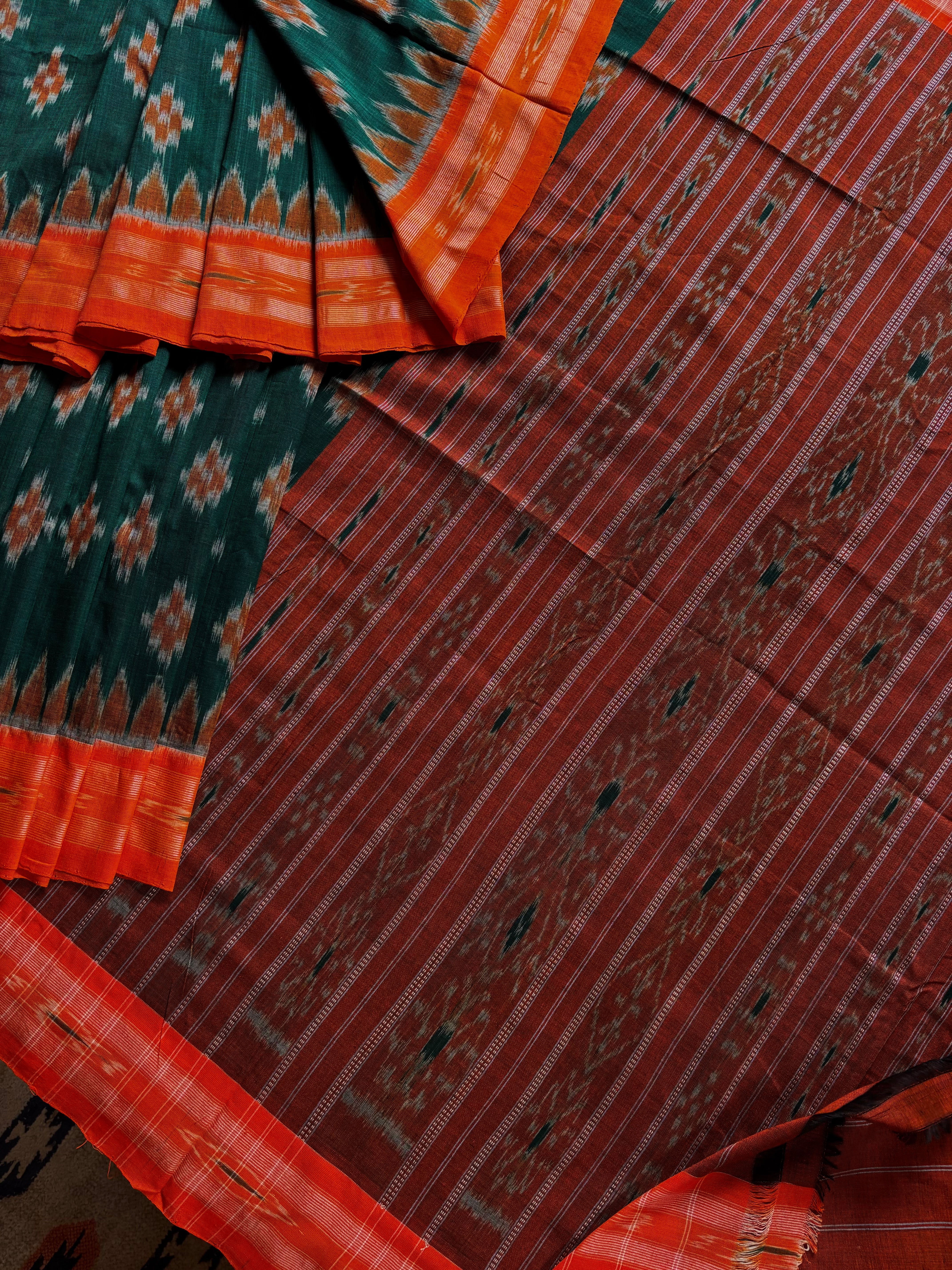 Handwoven Rama Green Orange Odisha Cotton Ikkat Saree