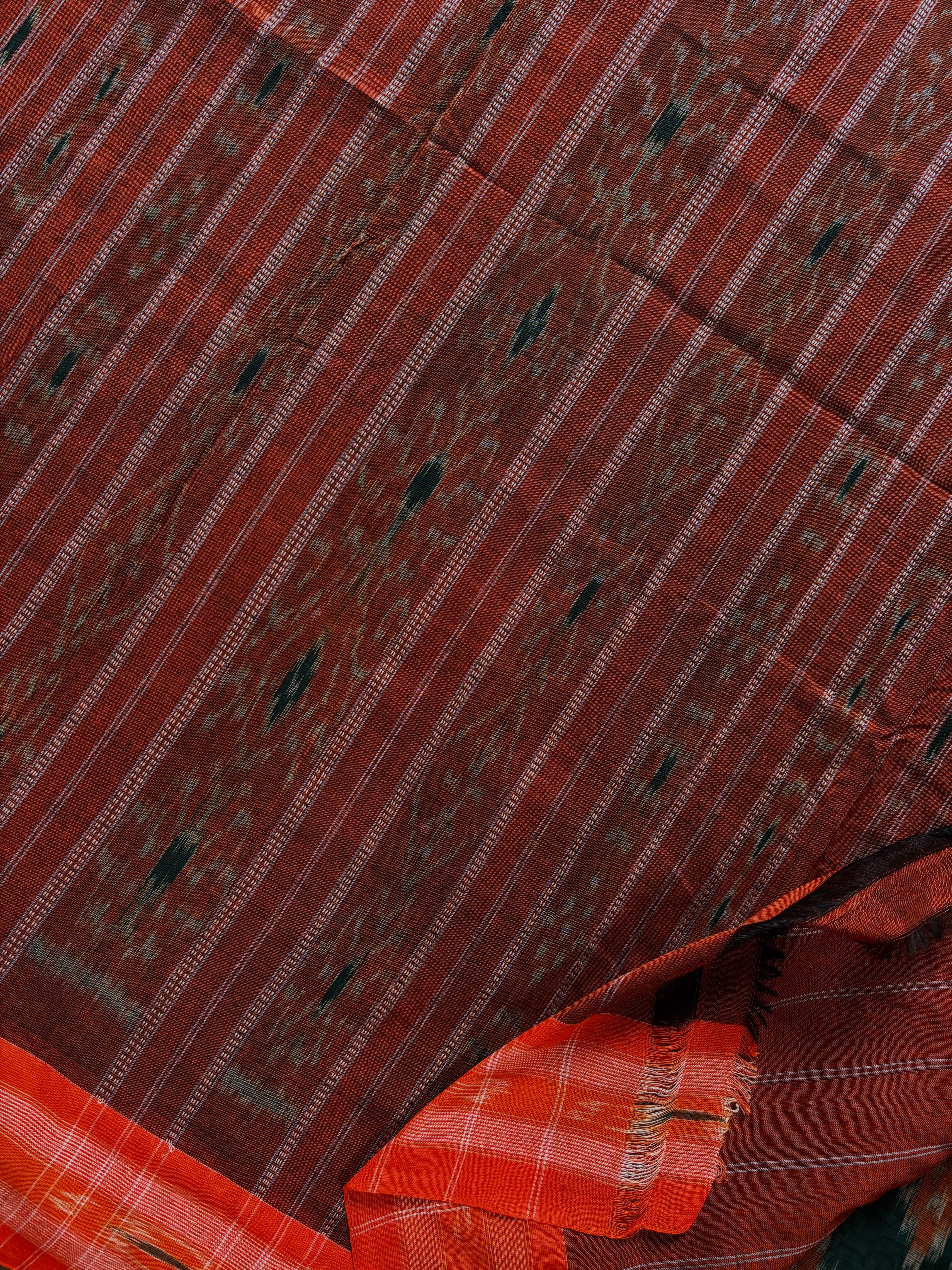 Handwoven Rama Green Orange Odisha Cotton Ikkat Saree
