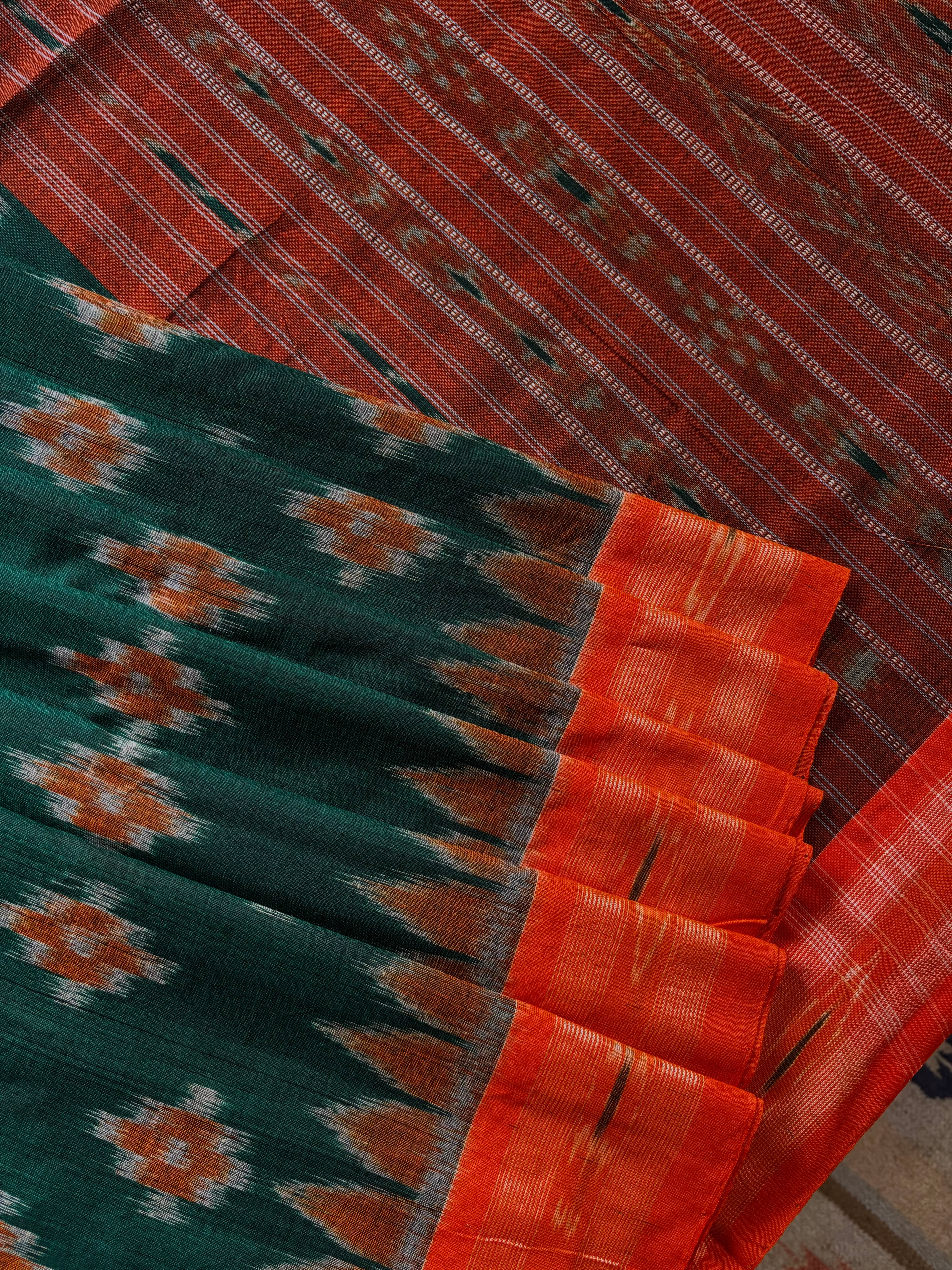Handwoven Rama Green Orange Odisha Cotton Ikkat Saree