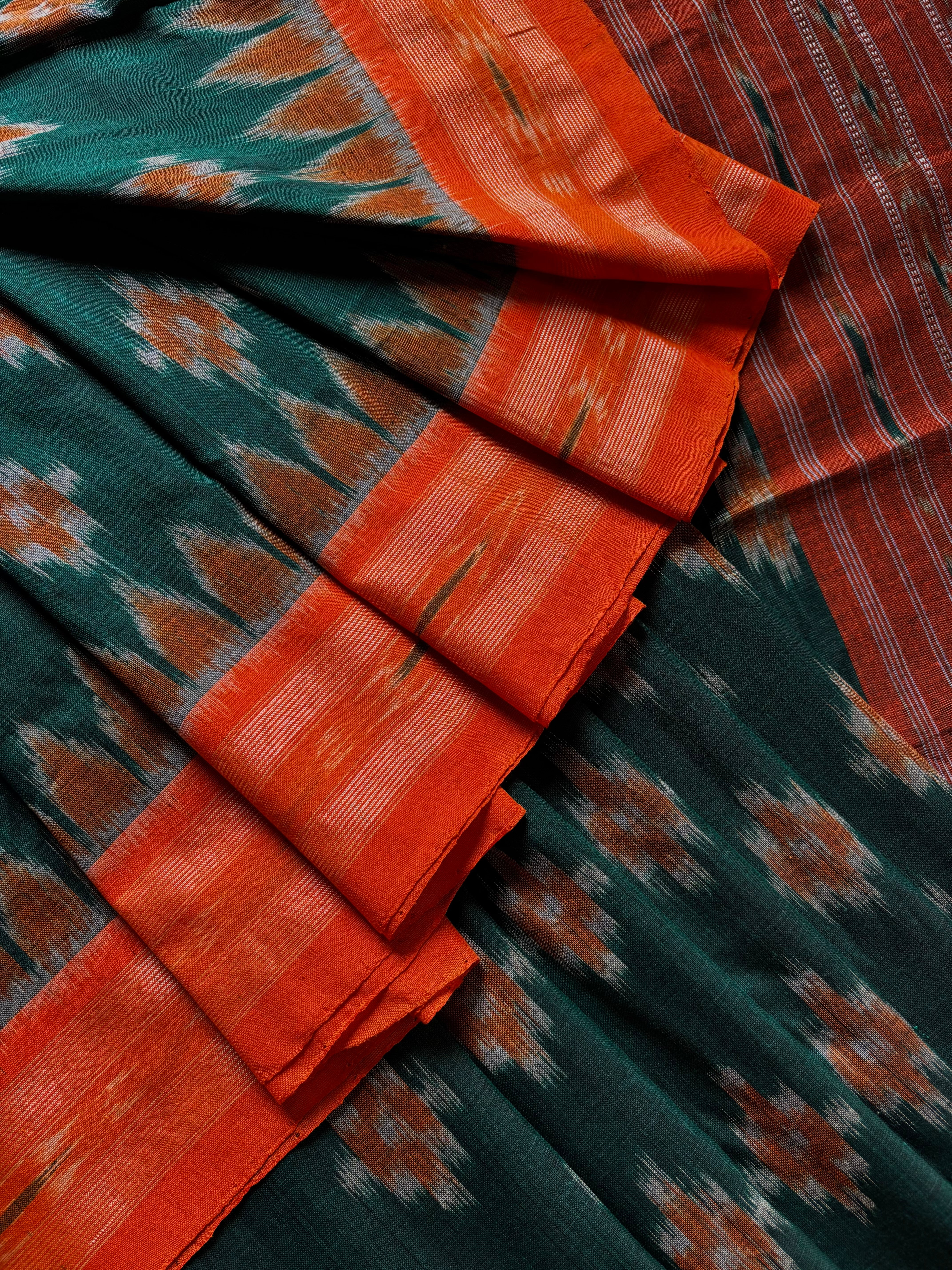 Handwoven Rama Green Orange Odisha Cotton Ikkat Saree