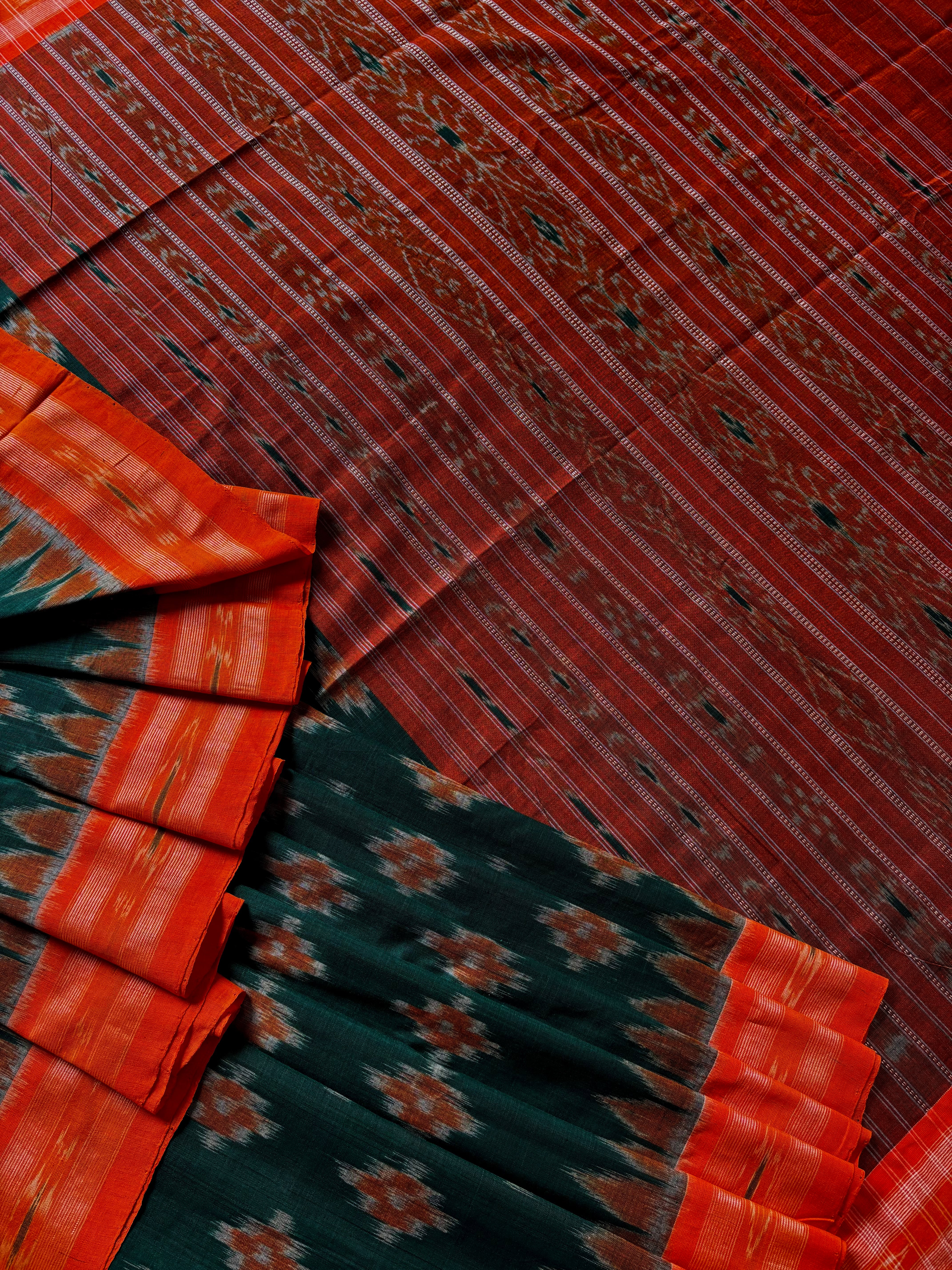 Handwoven Rama Green Orange Odisha Cotton Ikkat Saree
