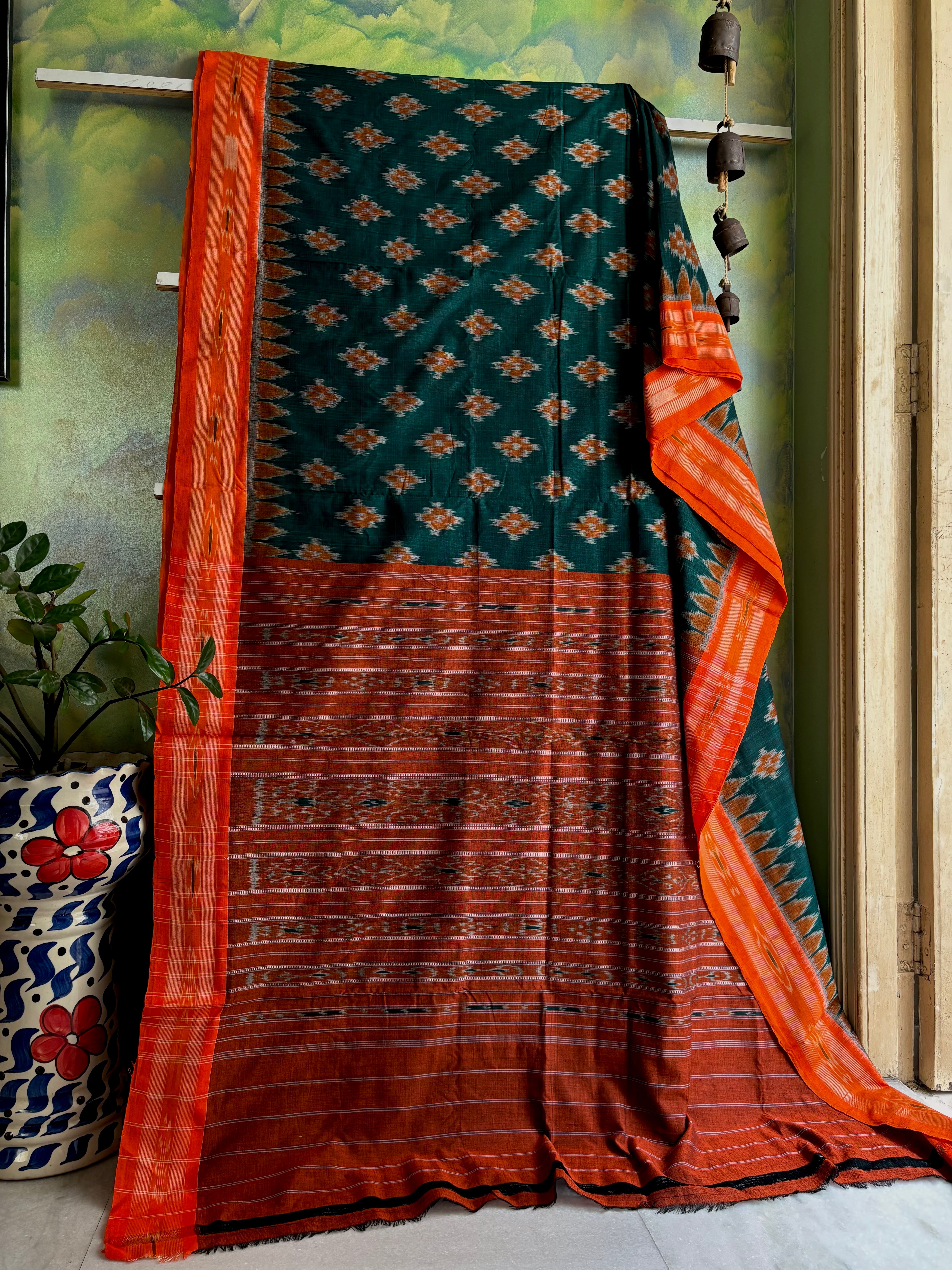 Handwoven Rama Green Orange Odisha Cotton Ikkat Saree