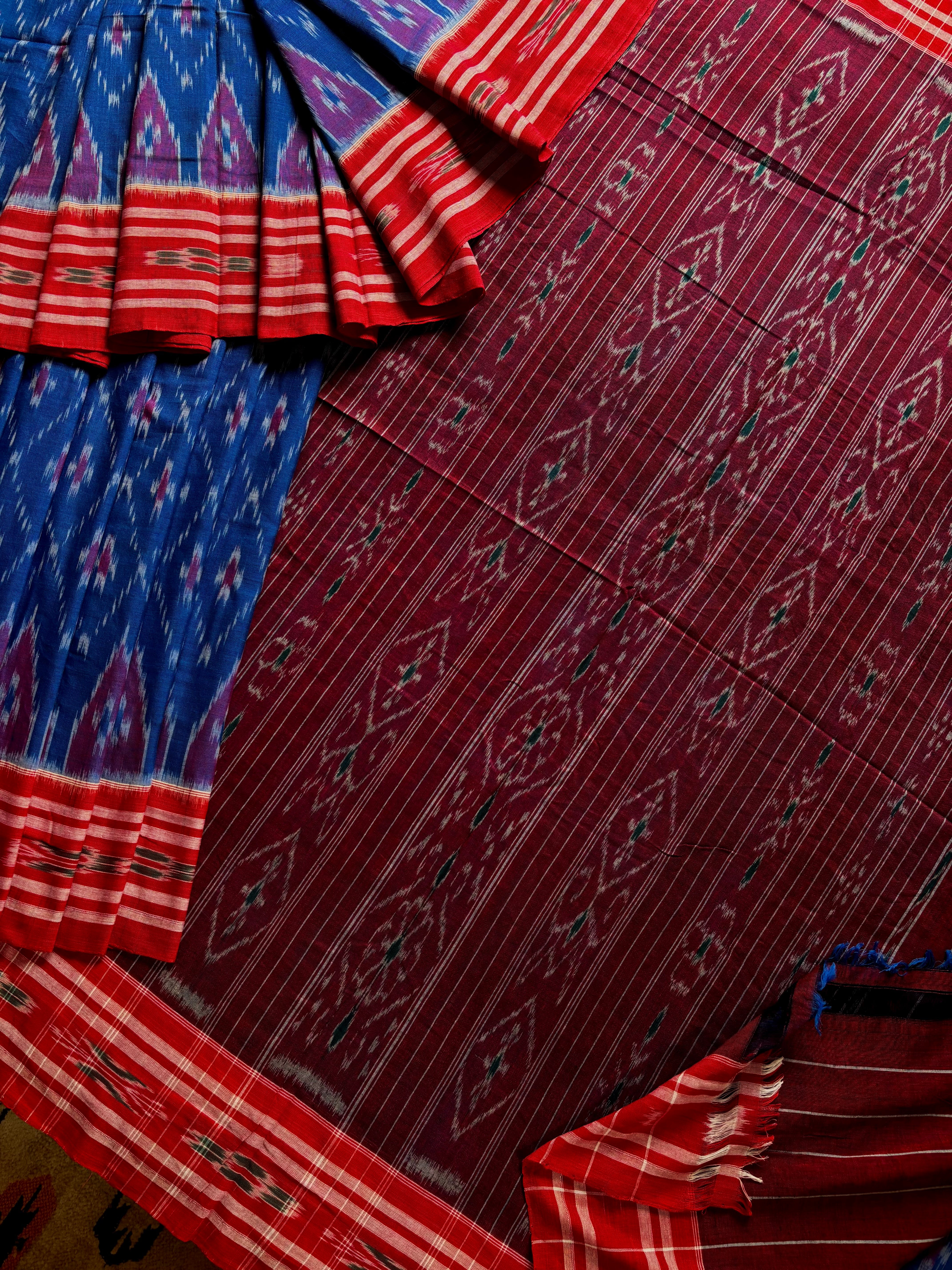 Handwoven Blue Red Odisha Ikkat Cotton Saree