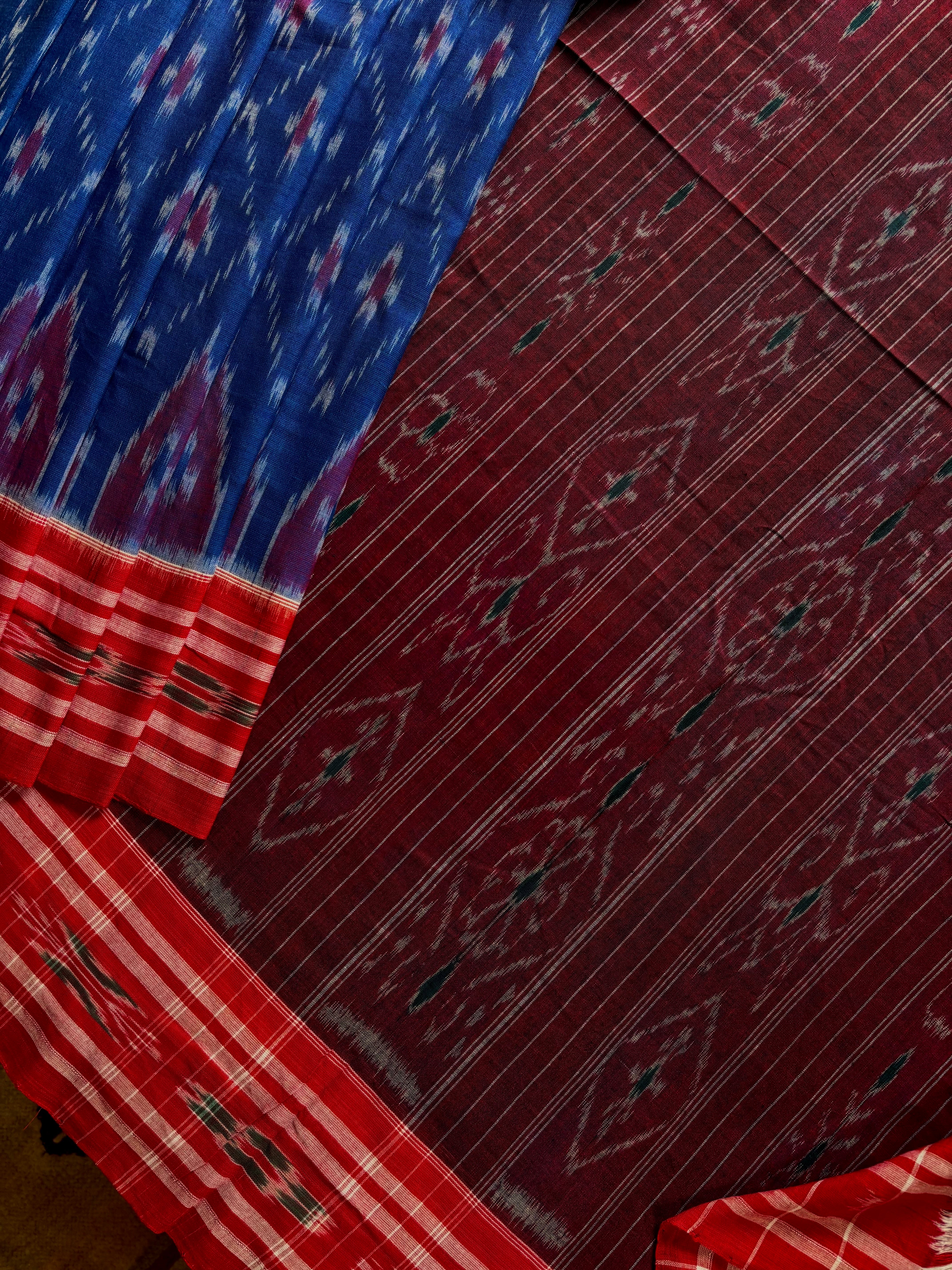 Handwoven Blue Red Odisha Ikkat Cotton Saree
