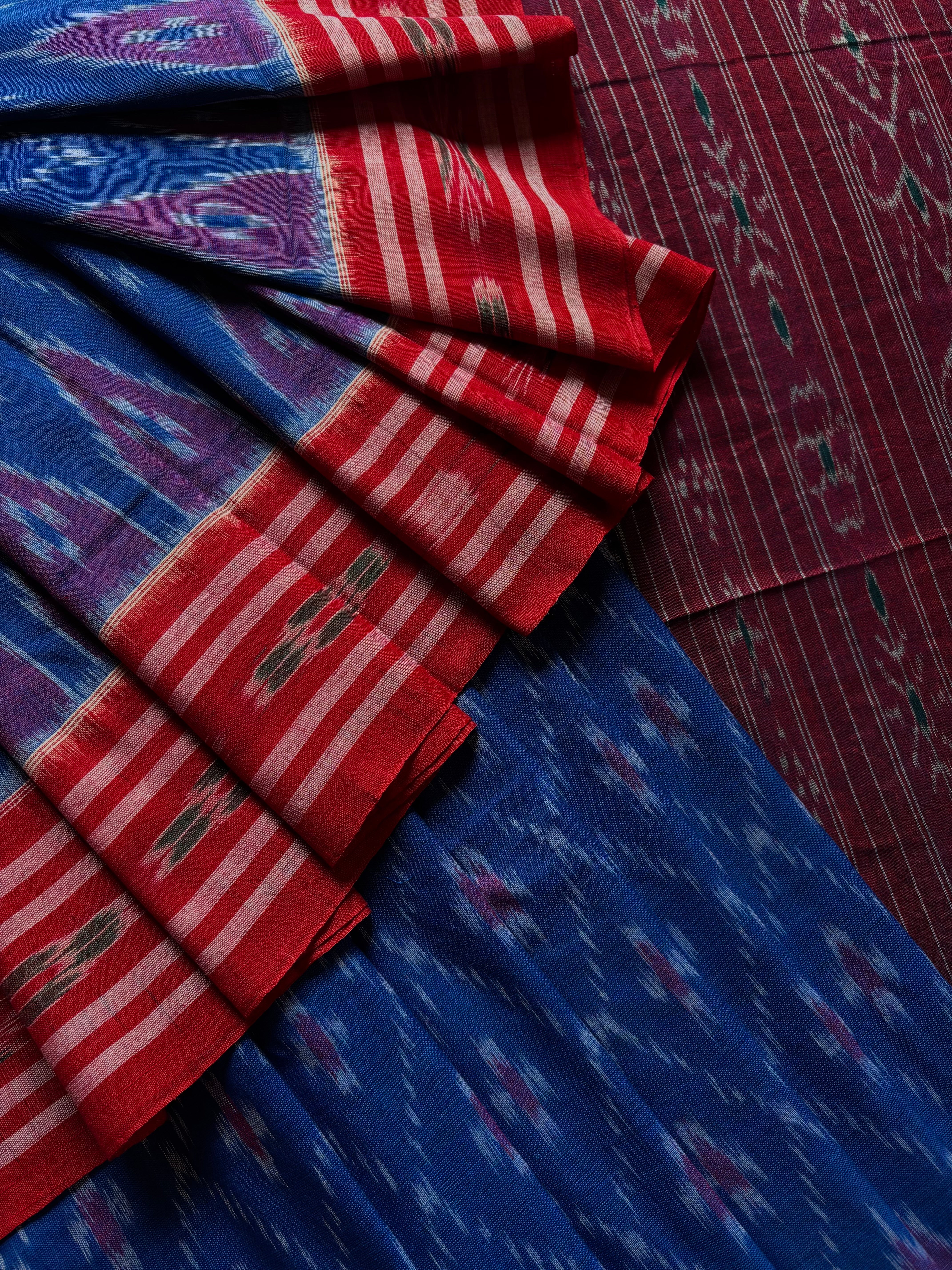 Handwoven Blue Red Odisha Ikkat Cotton Saree