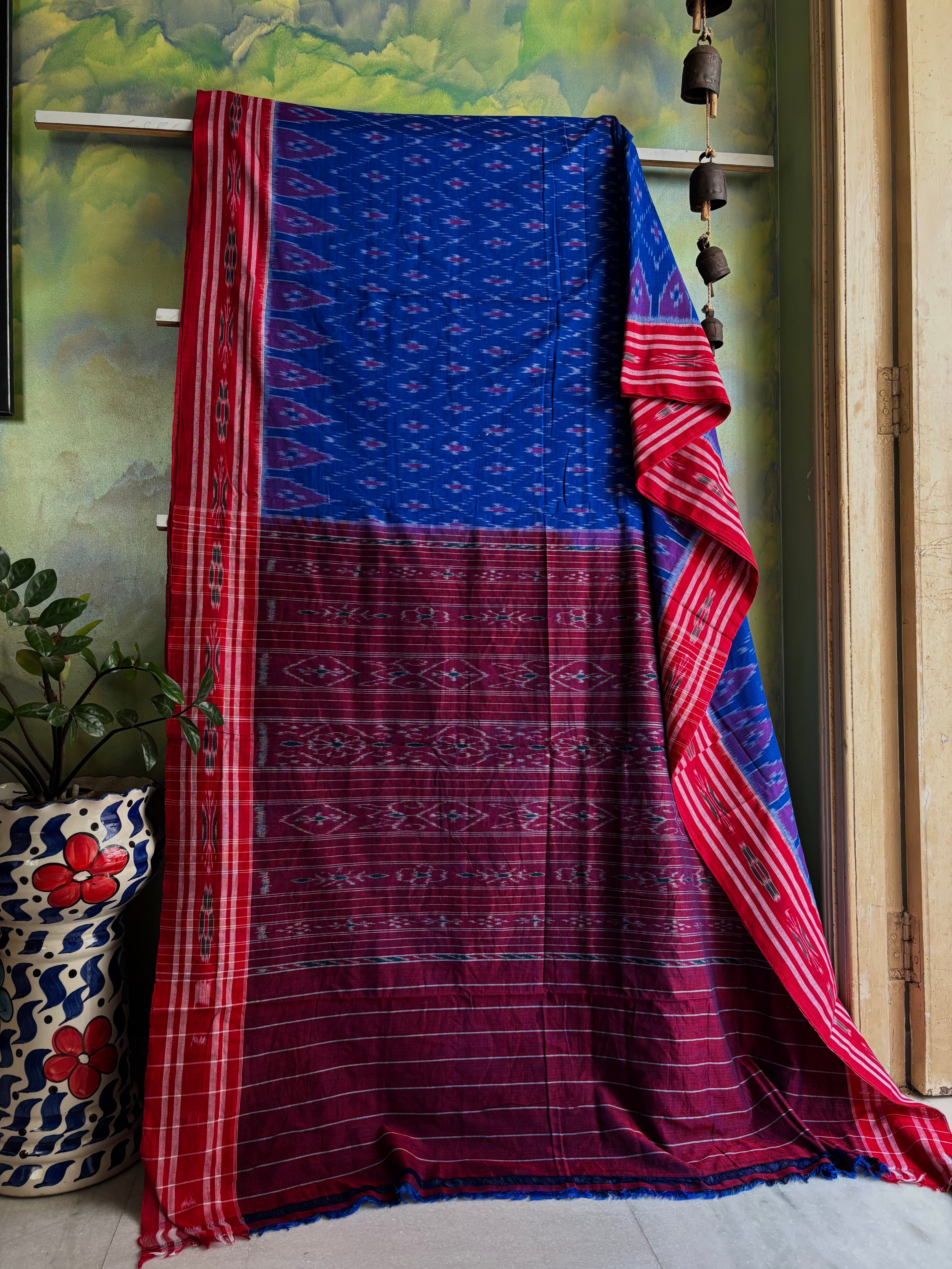 Handwoven Blue Red Odisha Ikkat Cotton Saree