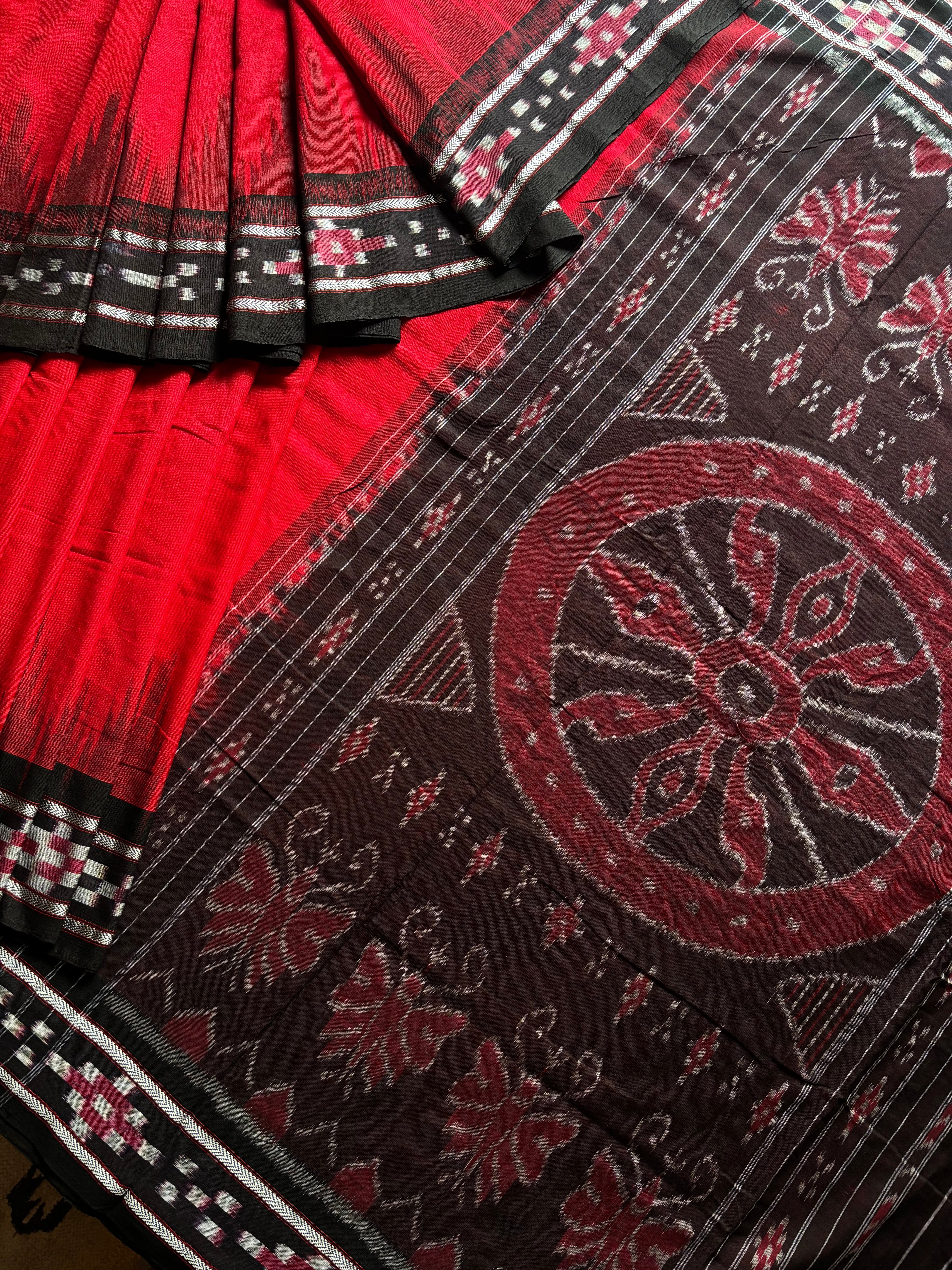 Handwoven Red Black Odisha Ikkat Cotton Saree