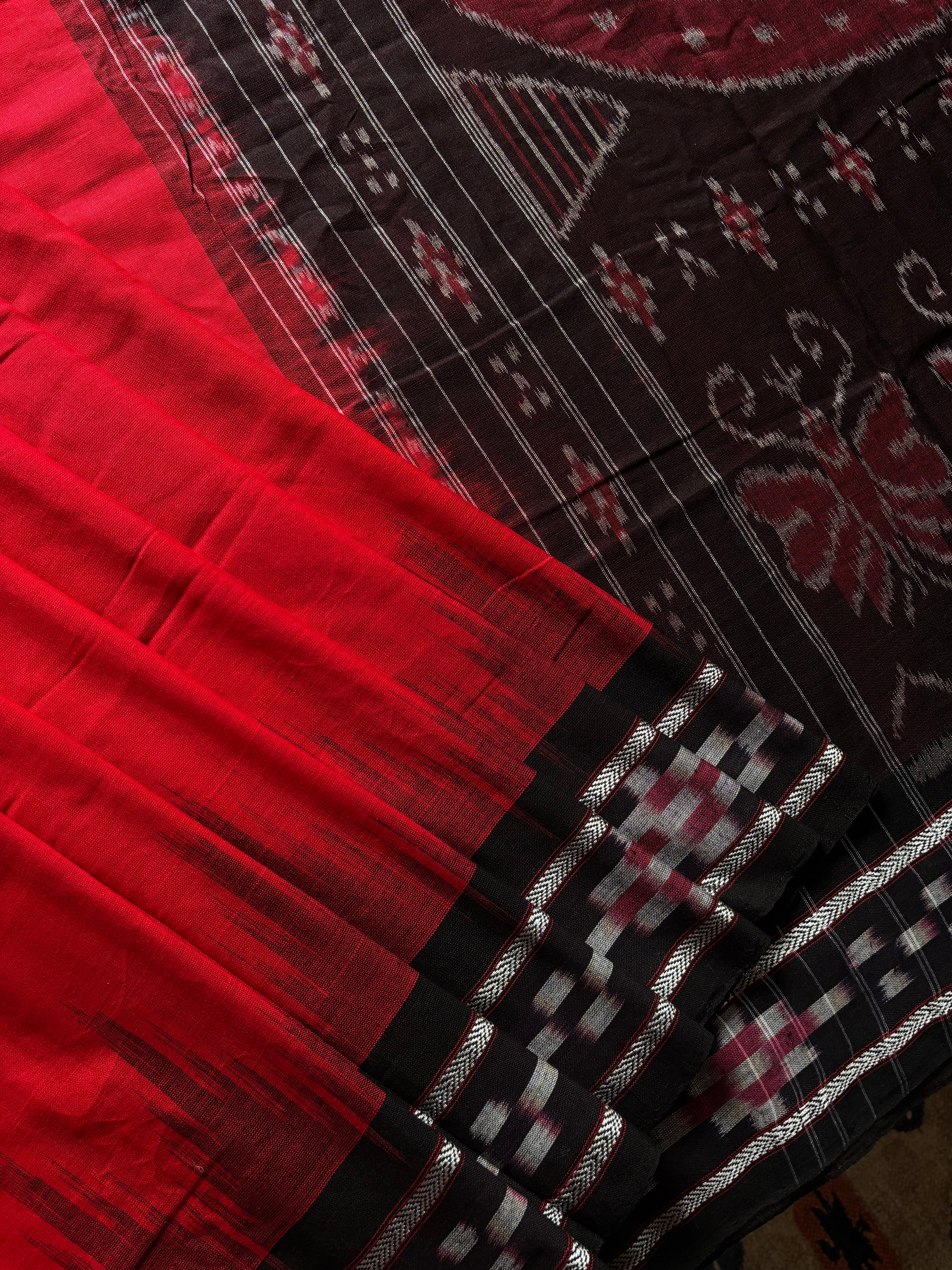 Handwoven Red Black Odisha Ikkat Cotton Saree