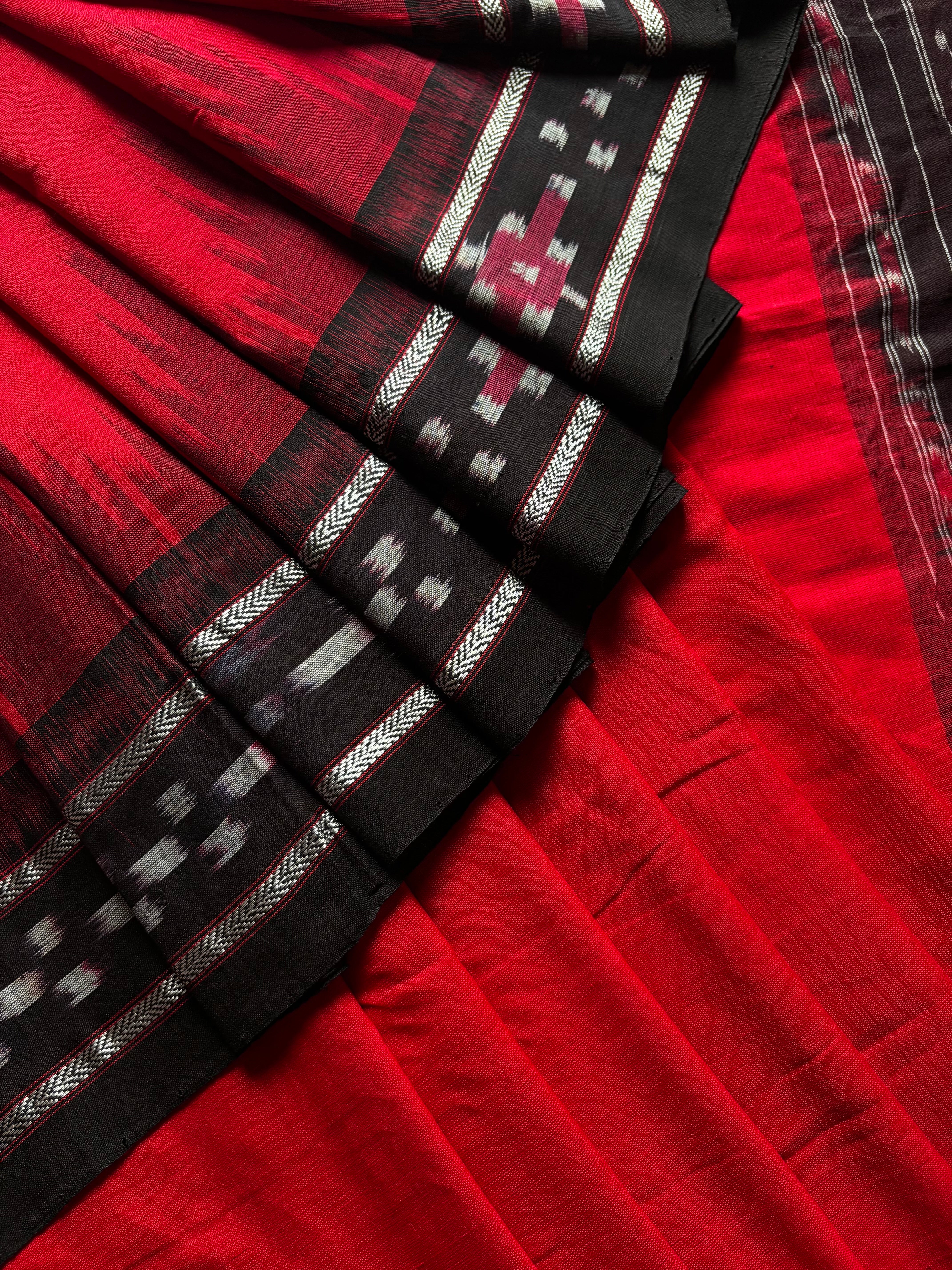 Handwoven Red Black Odisha Ikkat Cotton Saree