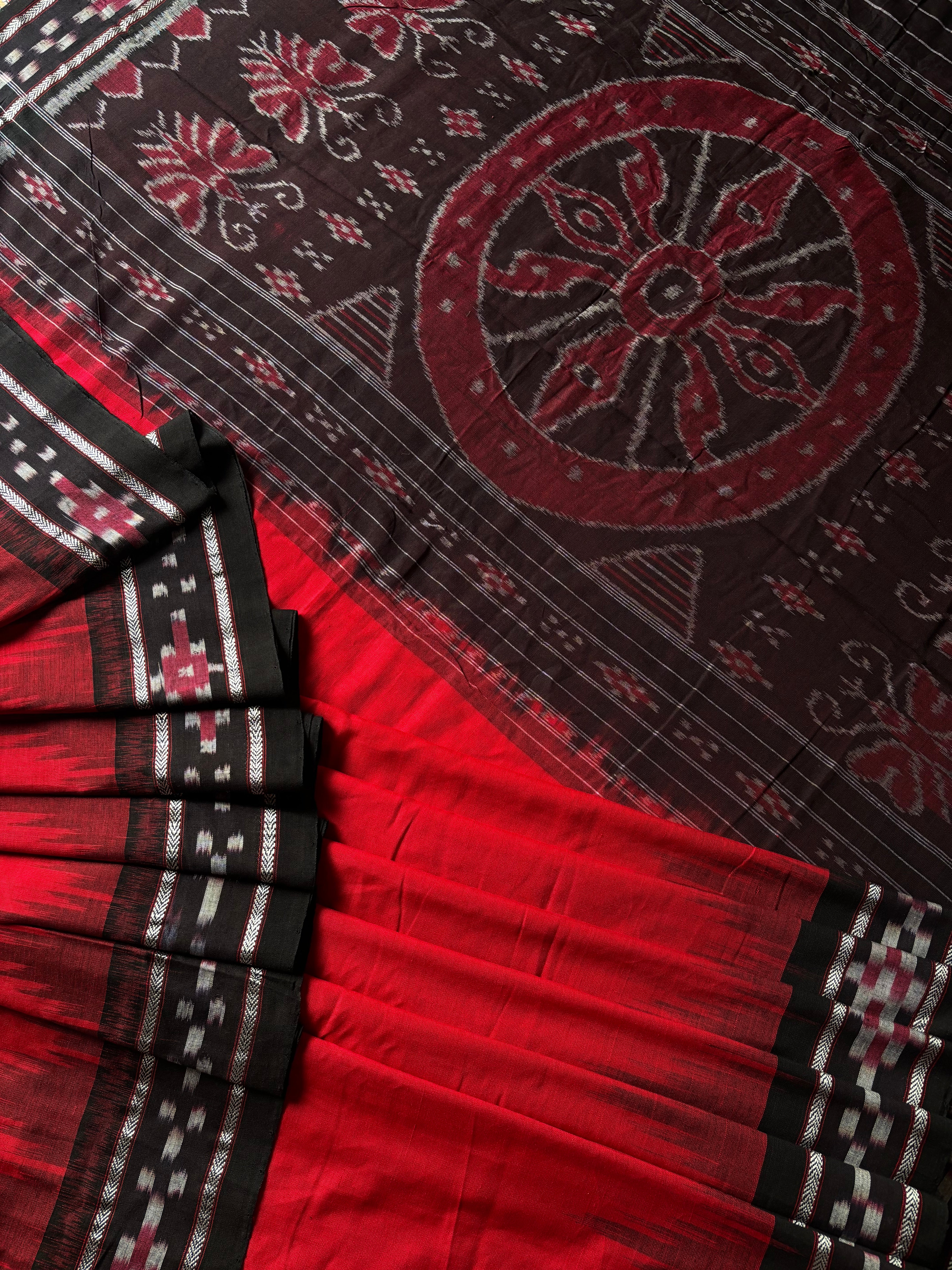 Handwoven Red Black Odisha Ikkat Cotton Saree