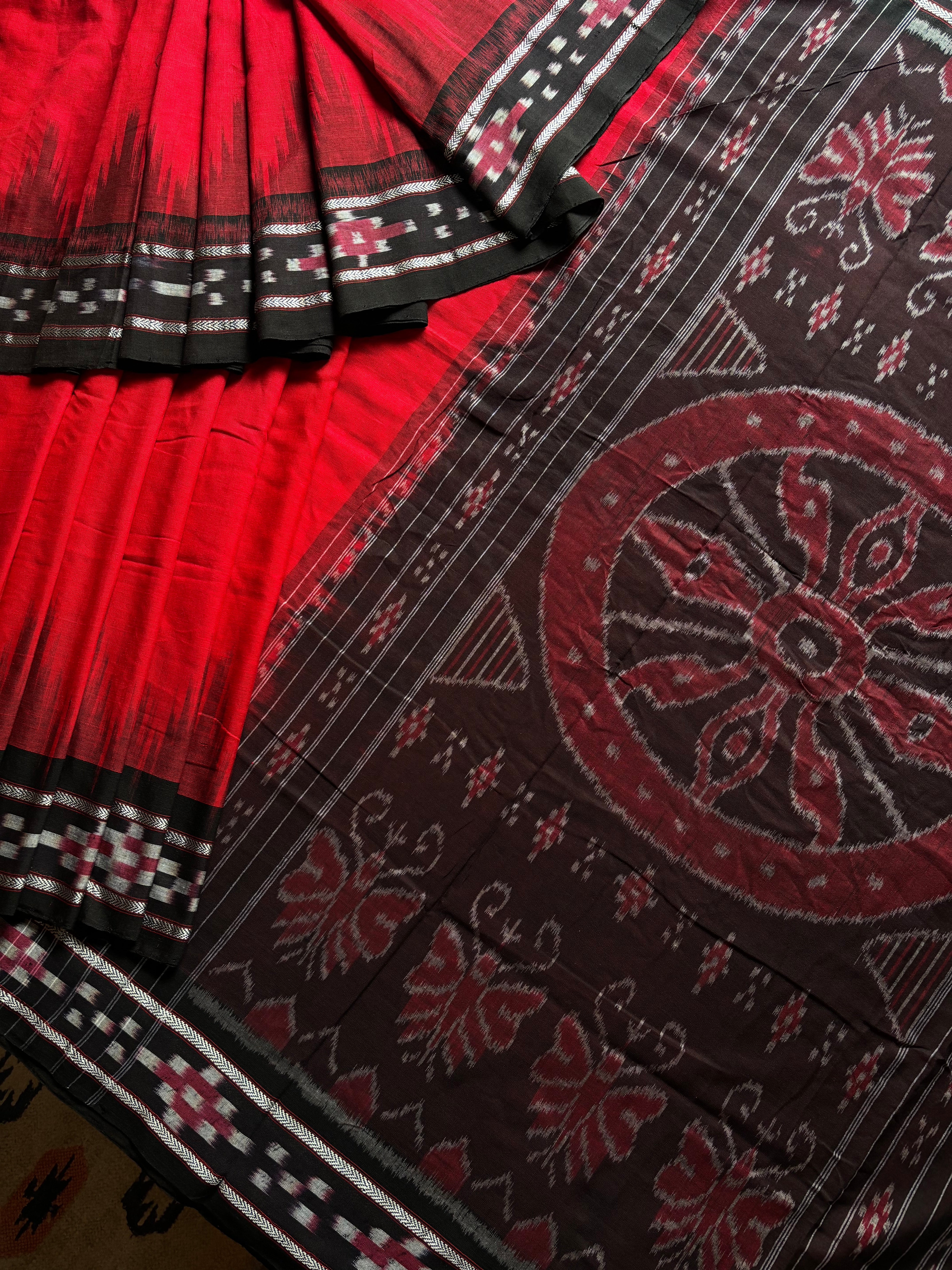 Handwoven Red Black Odisha Ikkat Cotton Saree