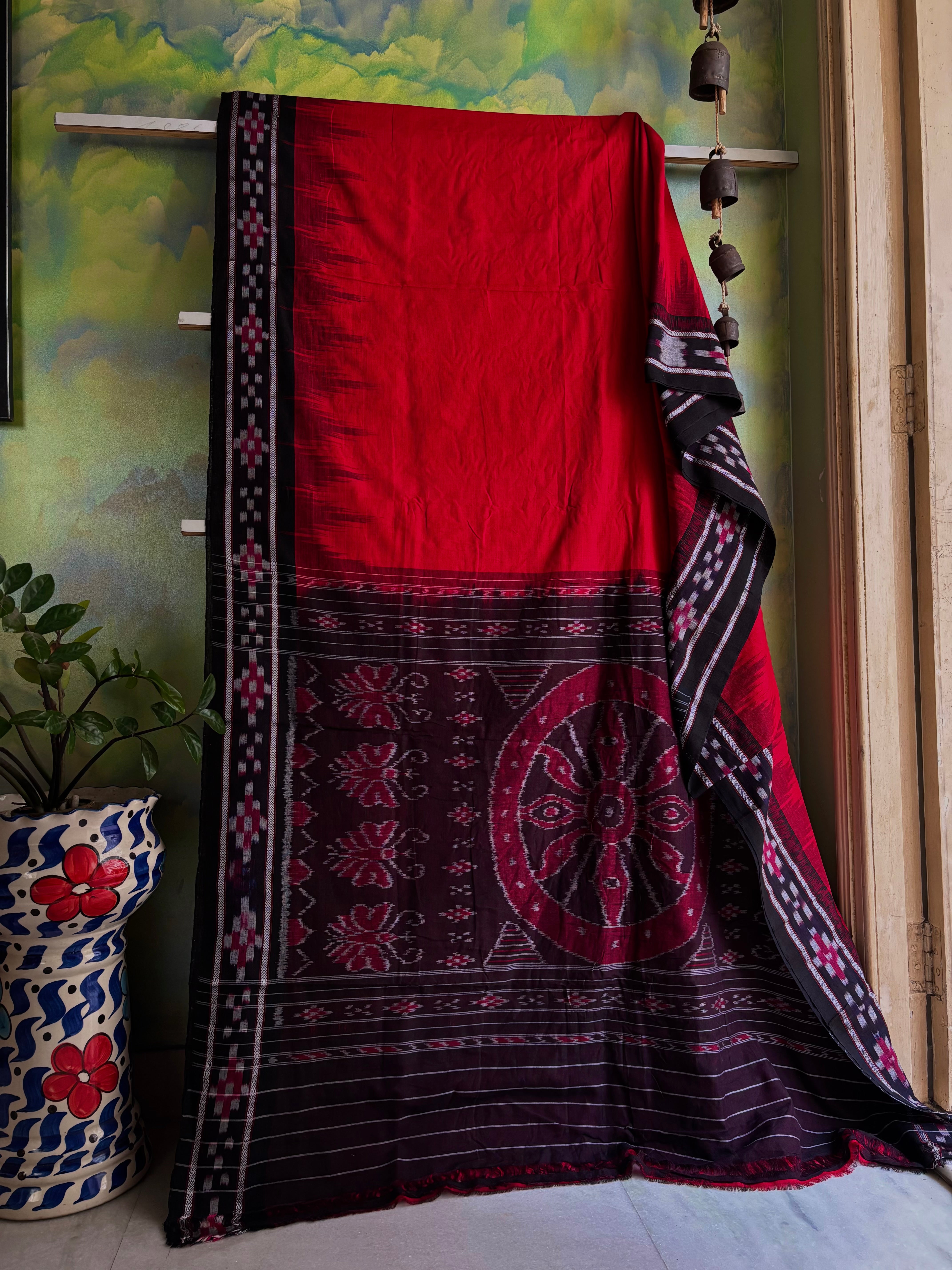 Handwoven Red Black Odisha Ikkat Cotton Saree