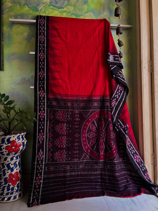 Handwoven Red Black Odisha Ikkat Cotton Saree