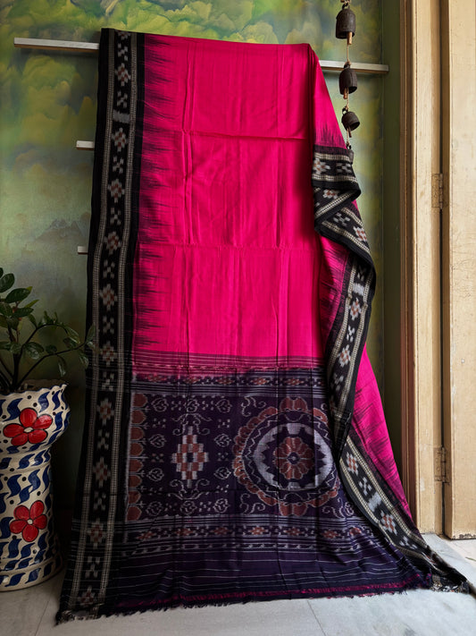 Handwoven Hot Pink Black Odisha Cotton Ikkat Saree