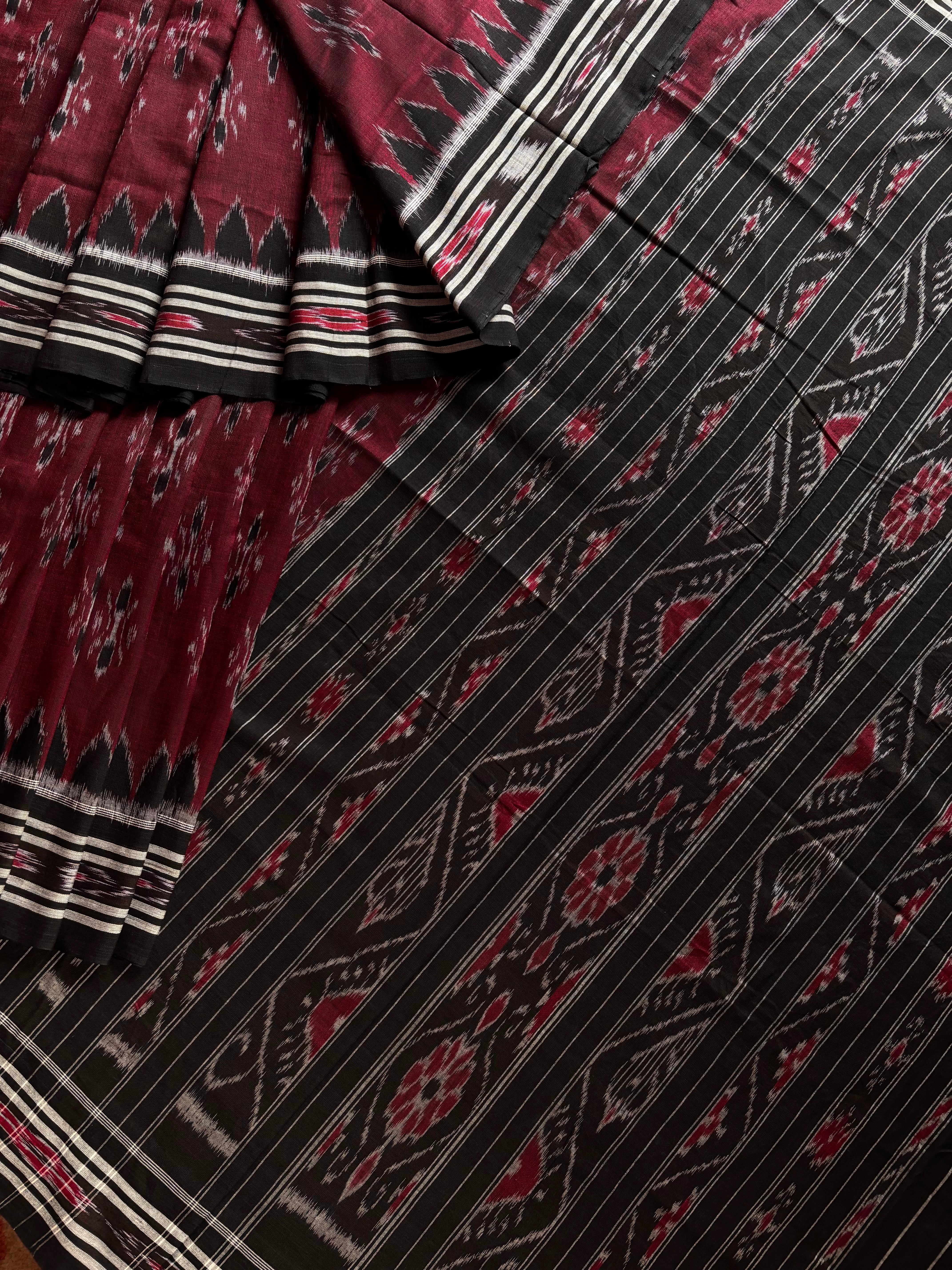 Handwoven Maroon Black Odisha Ikkat Cotton Saree