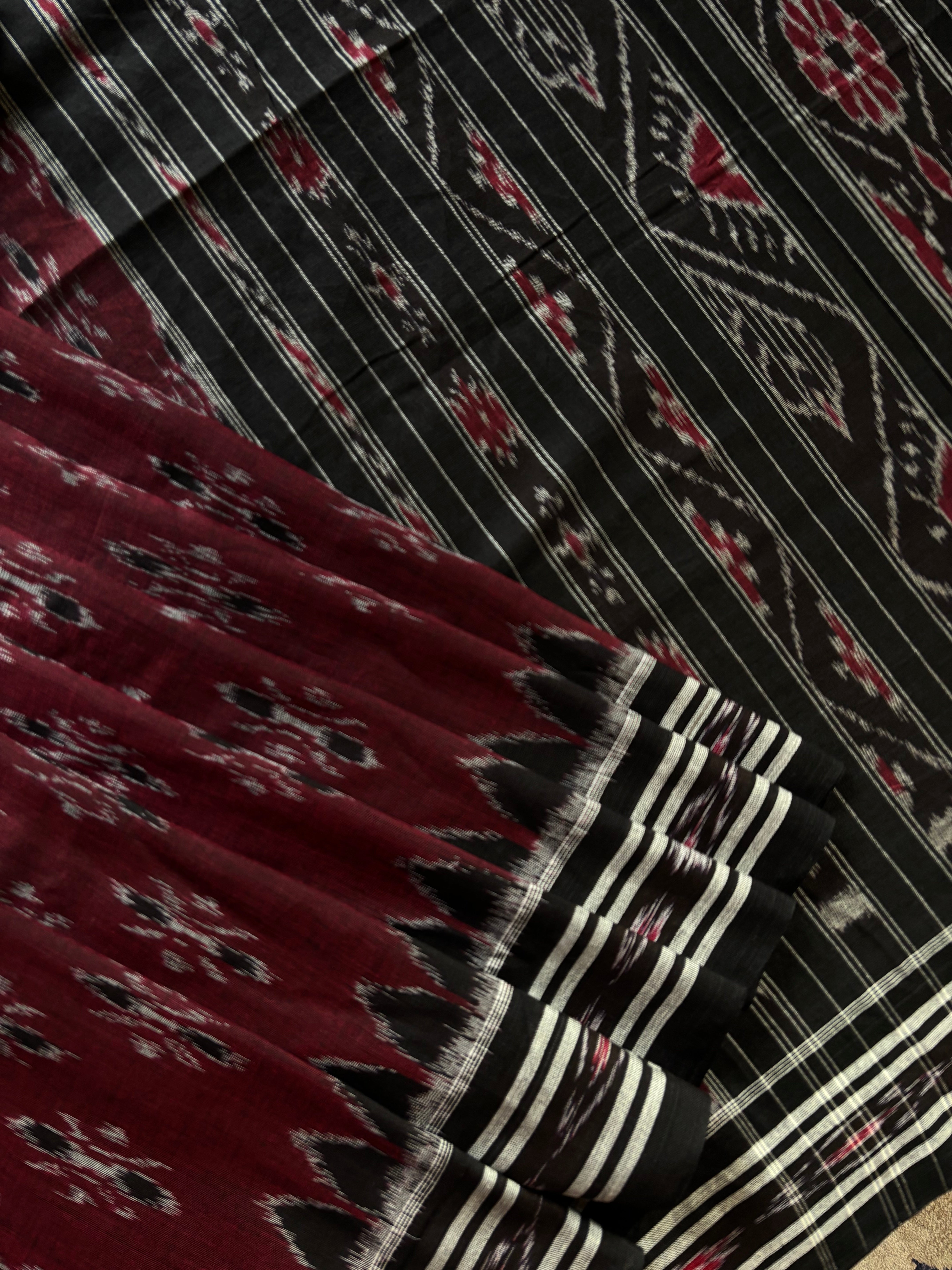 Handwoven Maroon Black Odisha Ikkat Cotton Saree