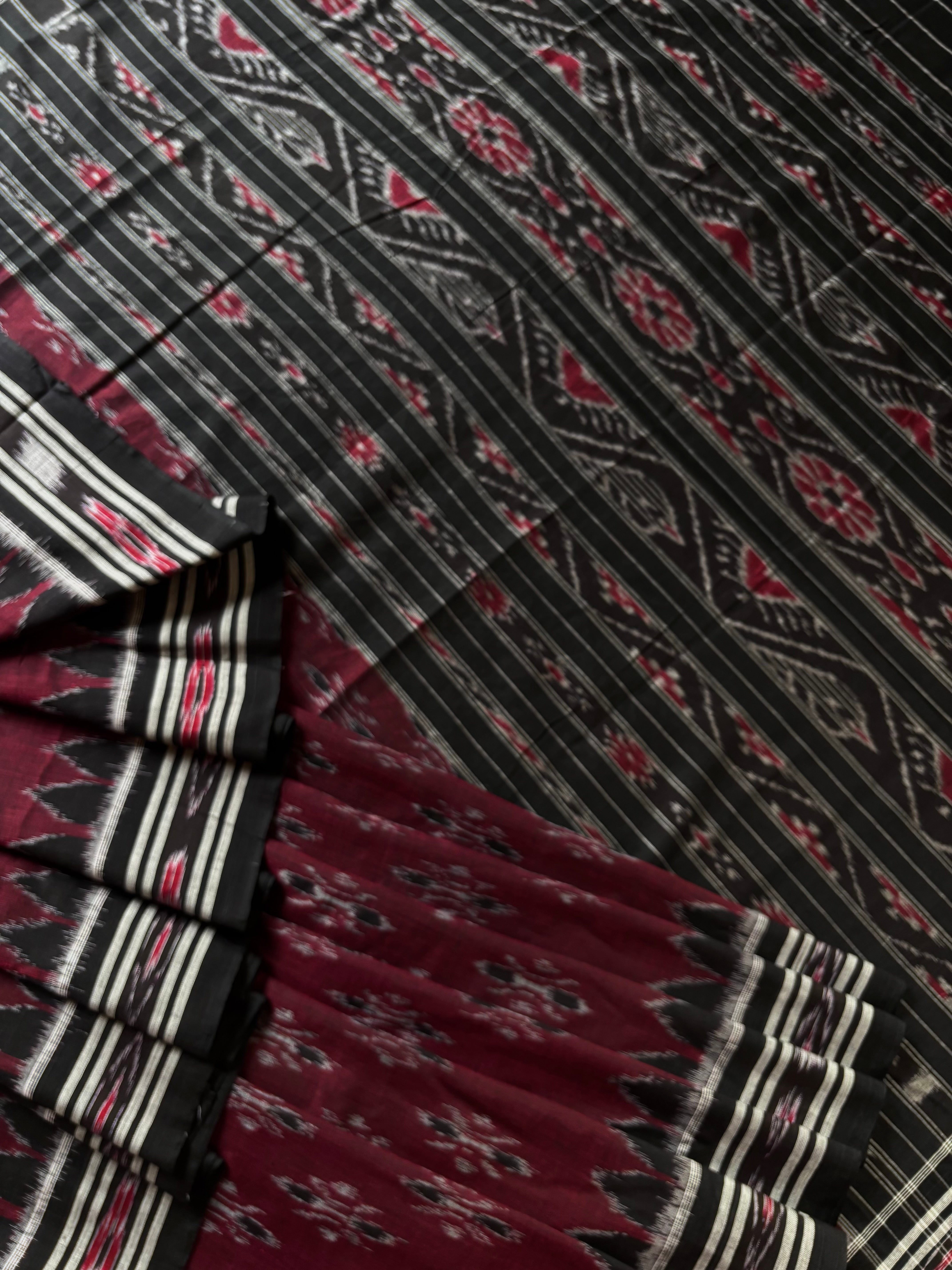 Handwoven Maroon Black Odisha Ikkat Cotton Saree