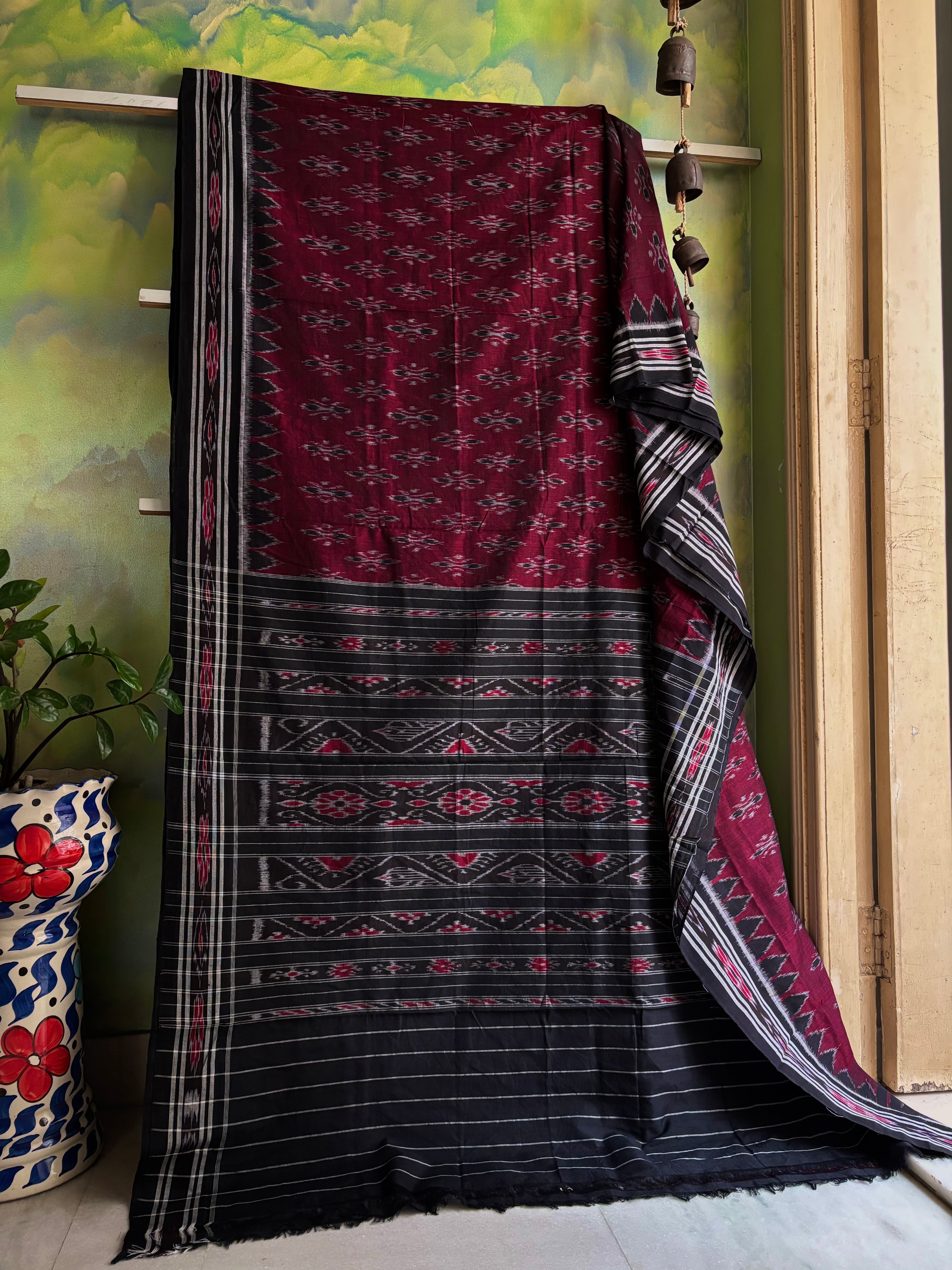 Handwoven Maroon Black Odisha Ikkat Cotton Saree