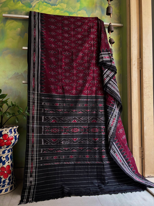 Handwoven Maroon Black Odisha Ikkat Cotton Saree