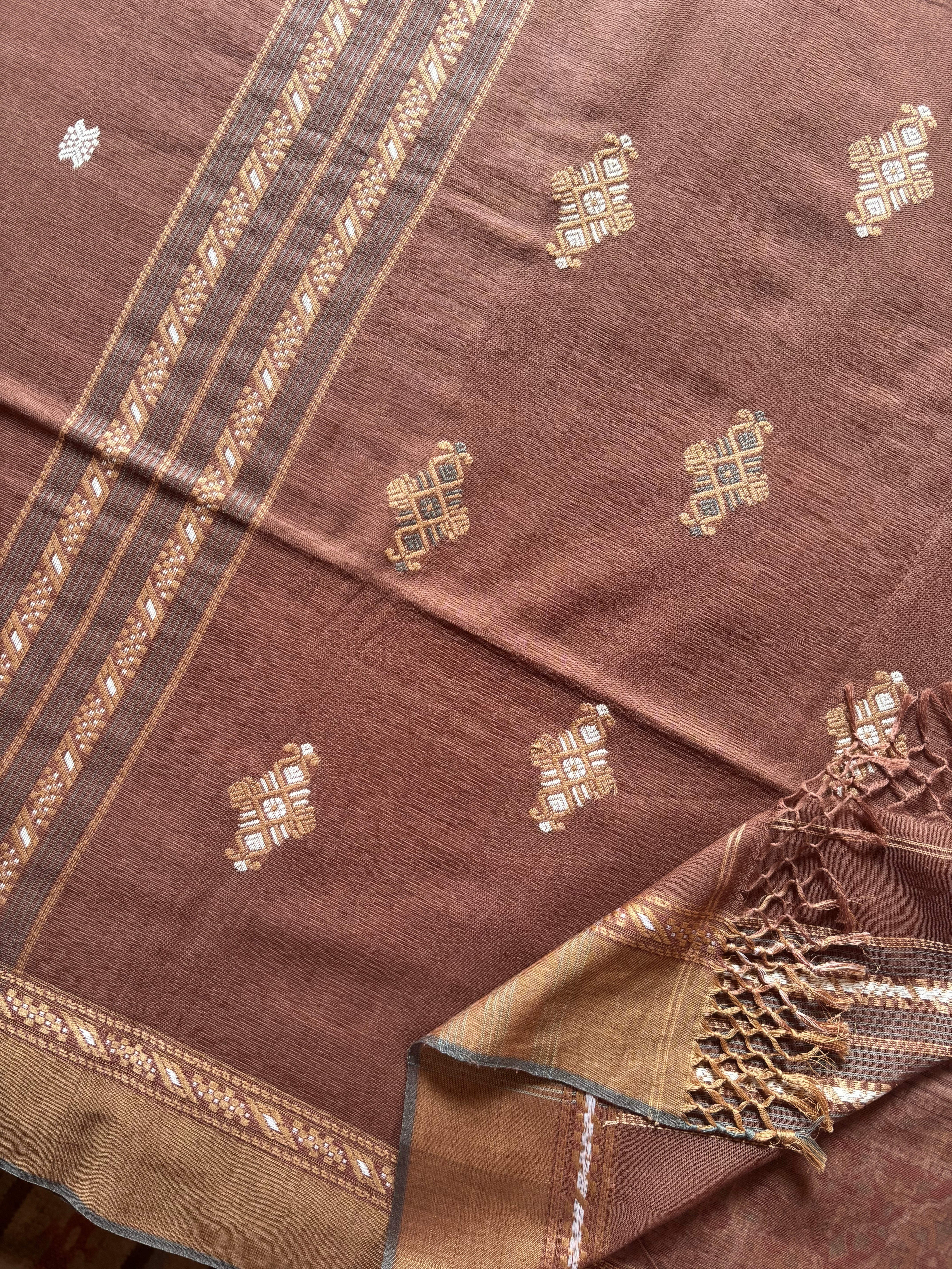Handwoven Light Brown Phulia Cotton Saree