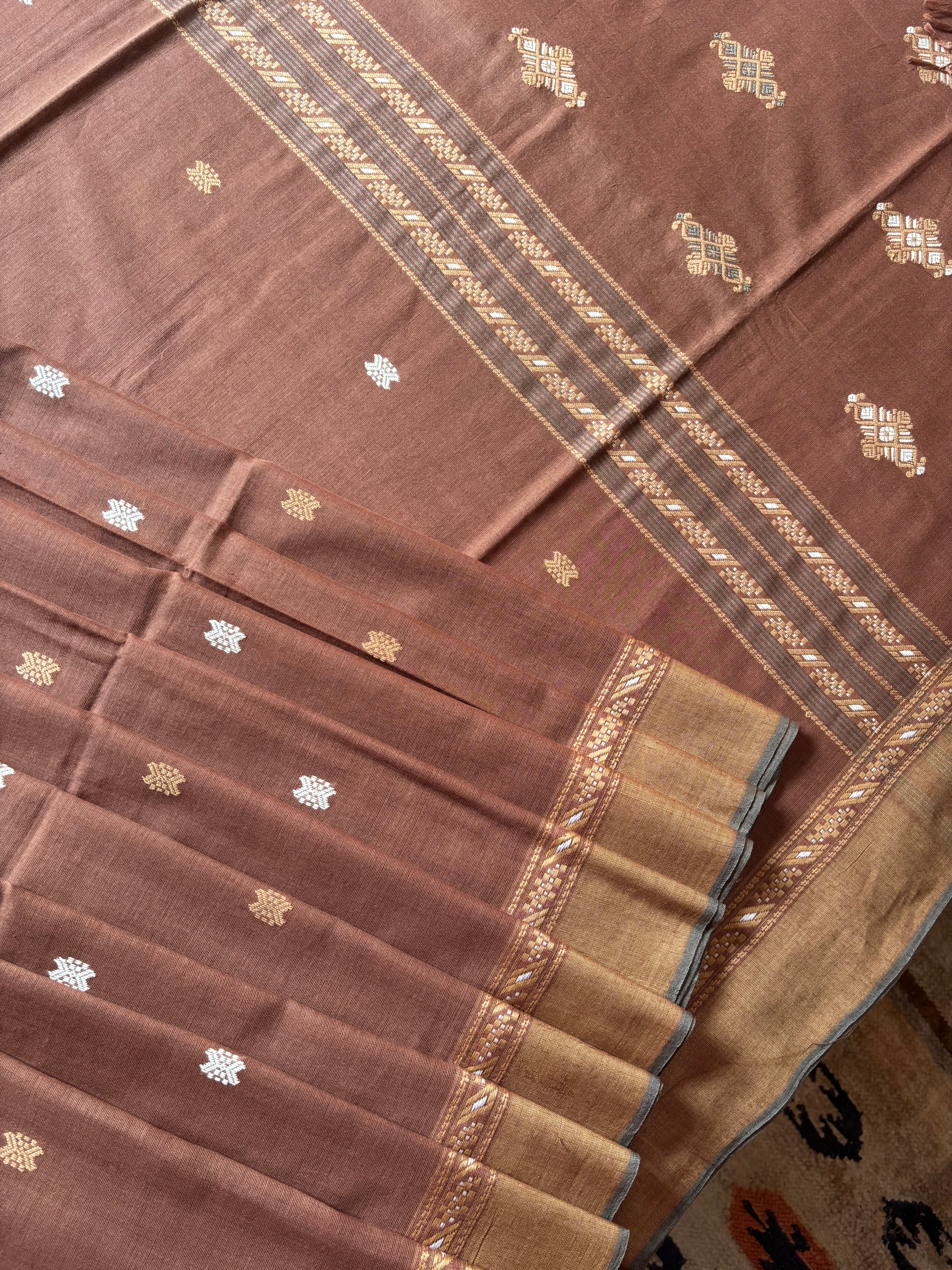 Handwoven Light Brown Phulia Cotton Saree
