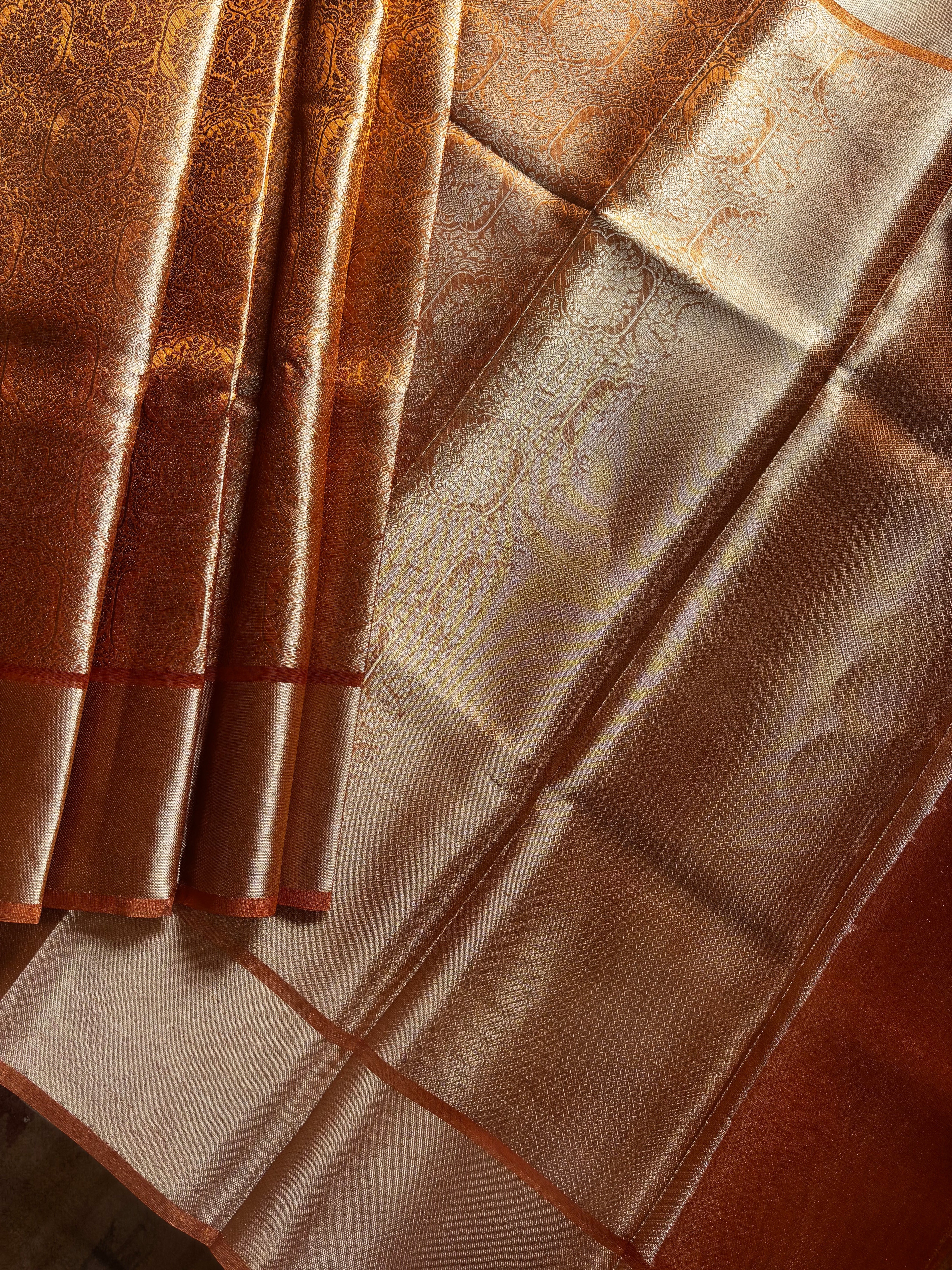 Golden Orange Tissue Copper Zari Saree
