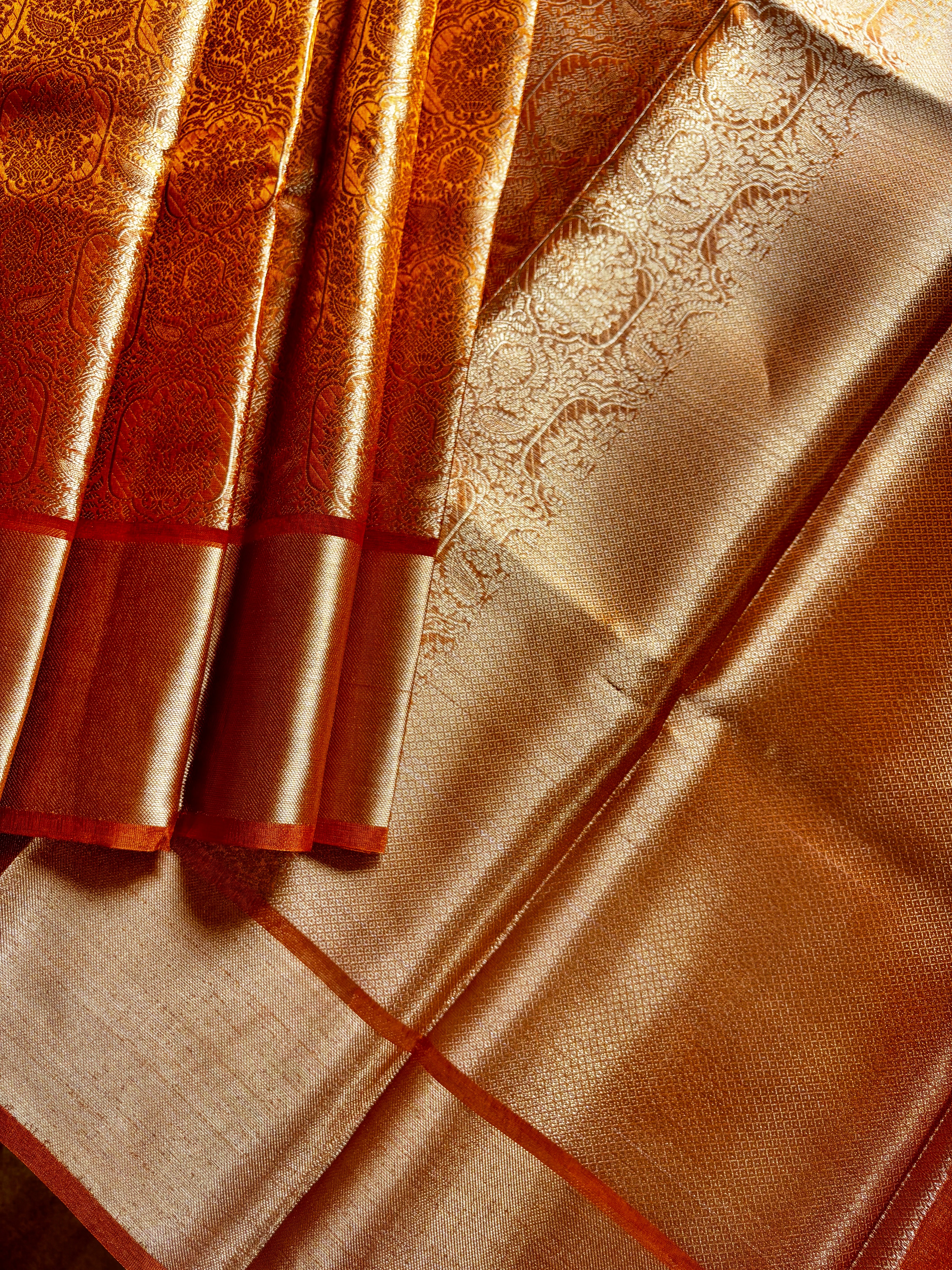 Golden Orange Tissue Copper Zari Saree