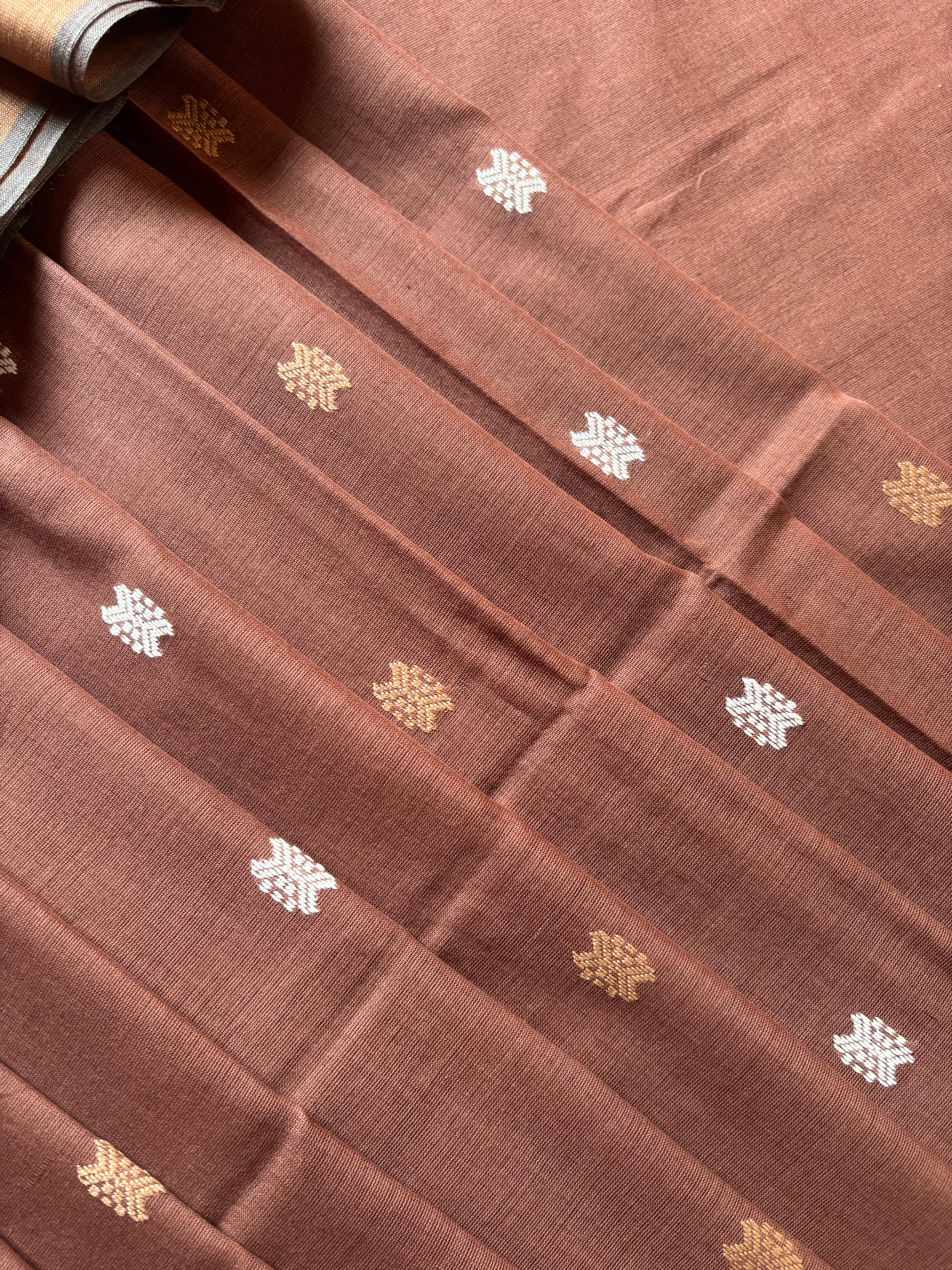 Handwoven Light Brown Phulia Cotton Saree