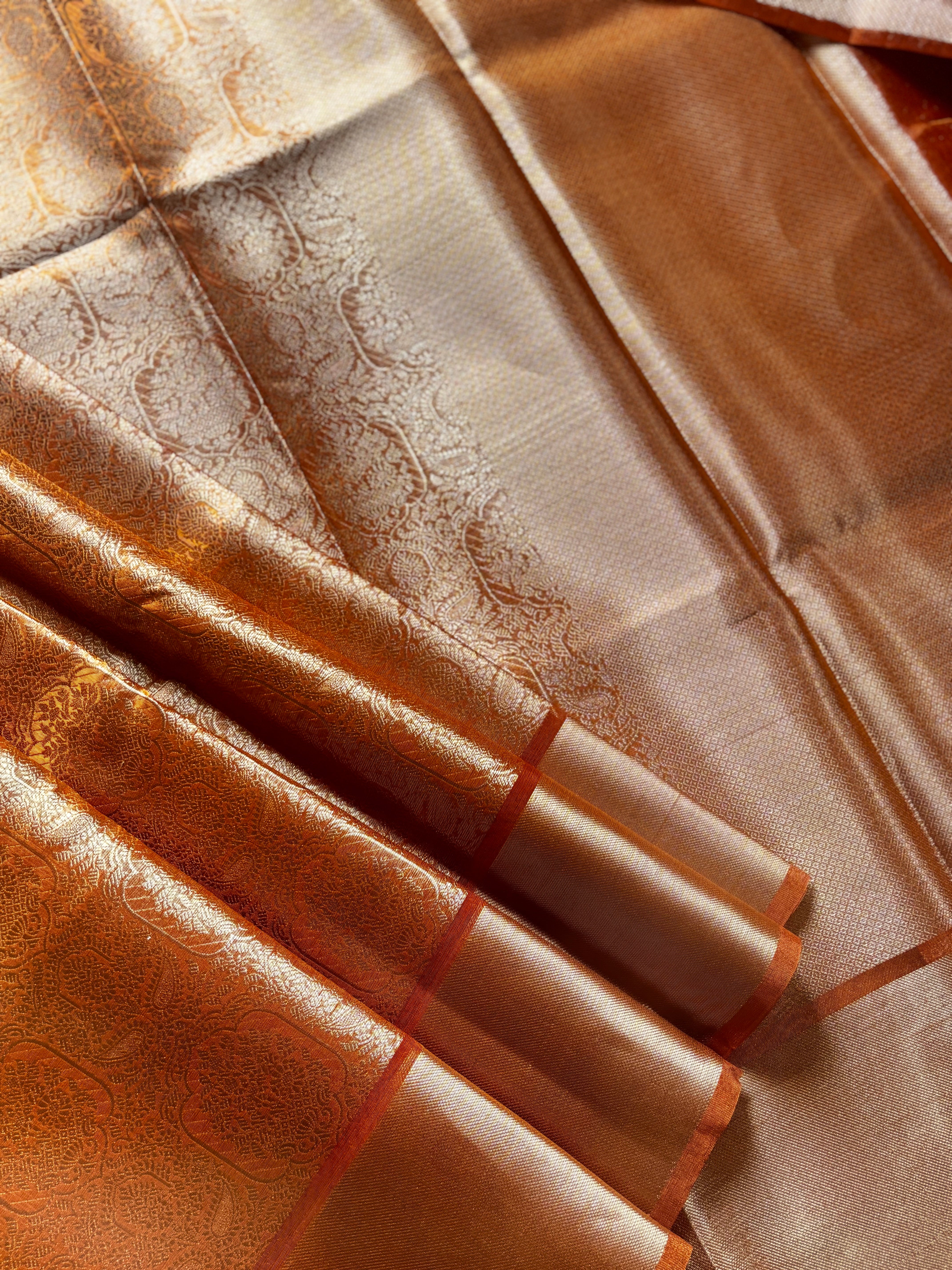 Golden Orange Tissue Copper Zari Saree