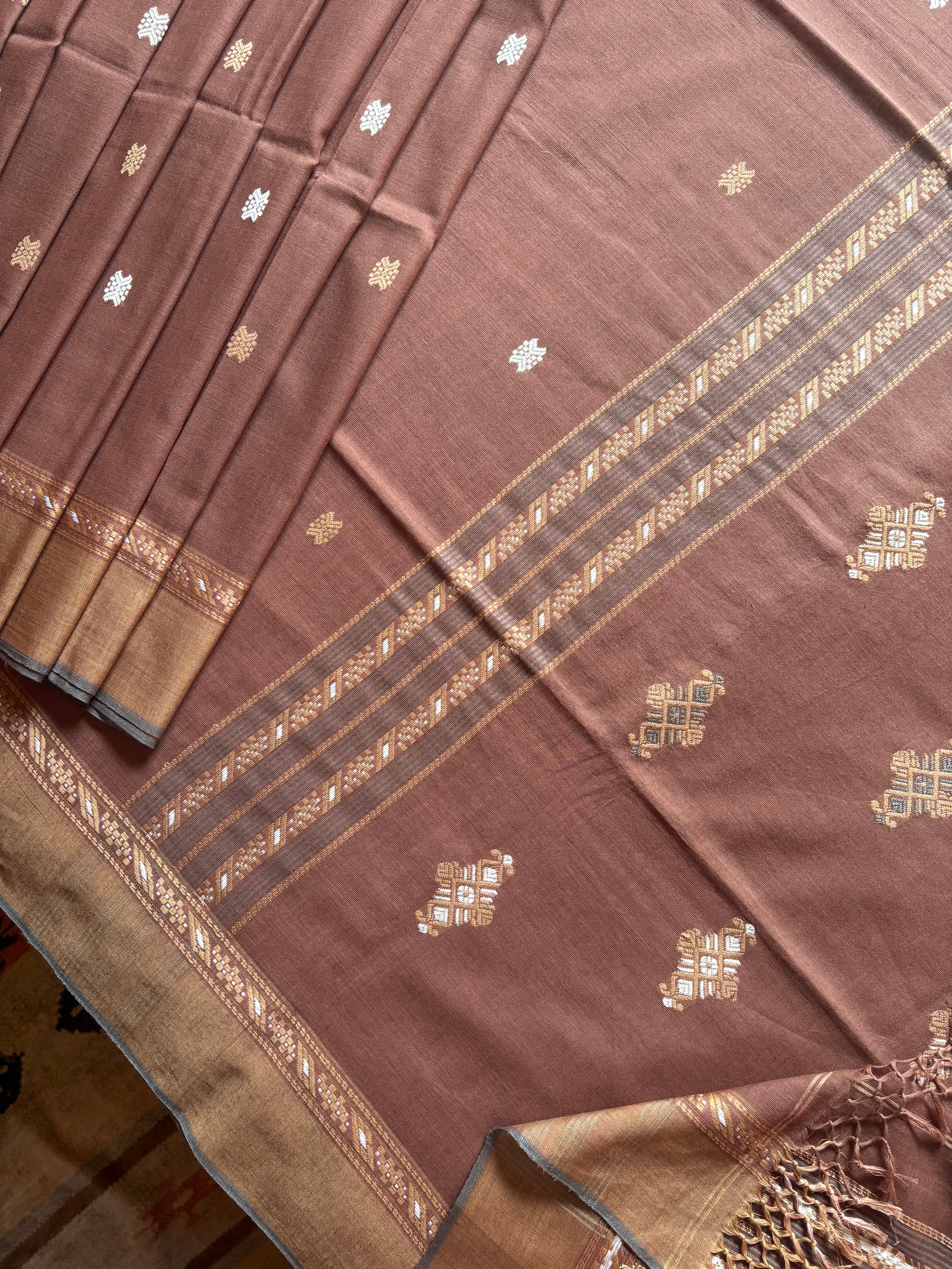 Handwoven Light Brown Phulia Cotton Saree