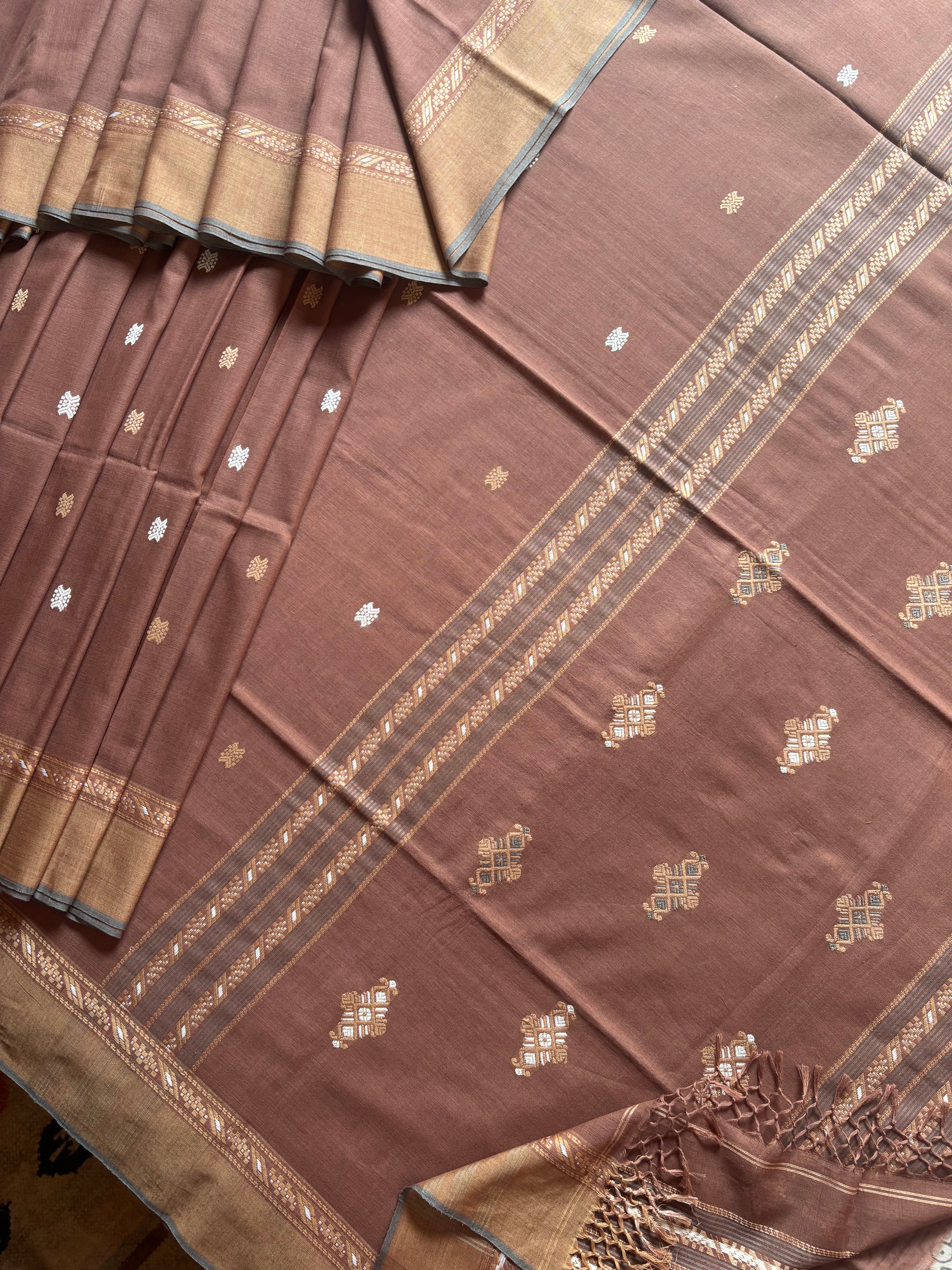 Handwoven Light Brown Phulia Cotton Saree