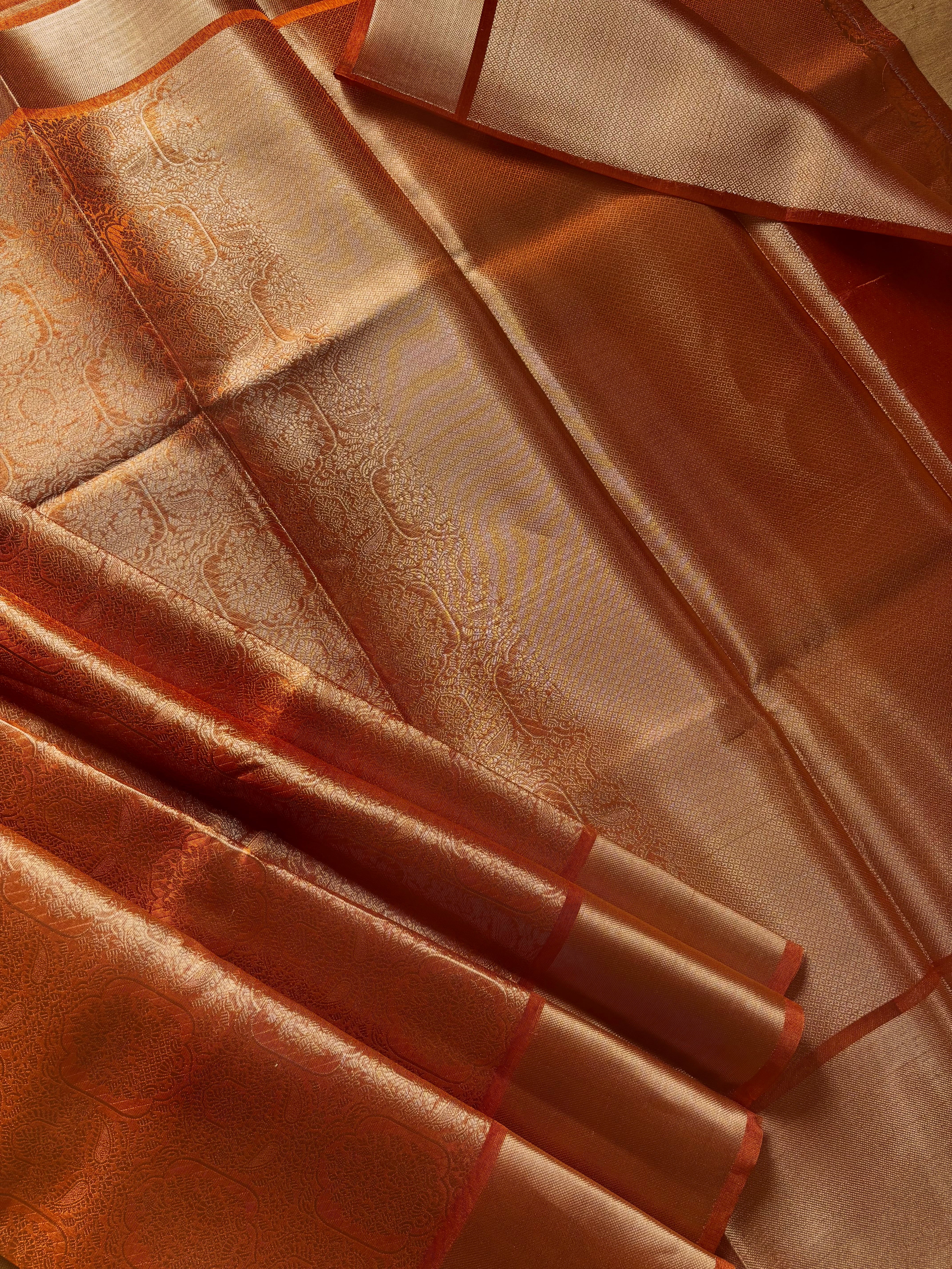 Golden Orange Tissue Copper Zari Saree