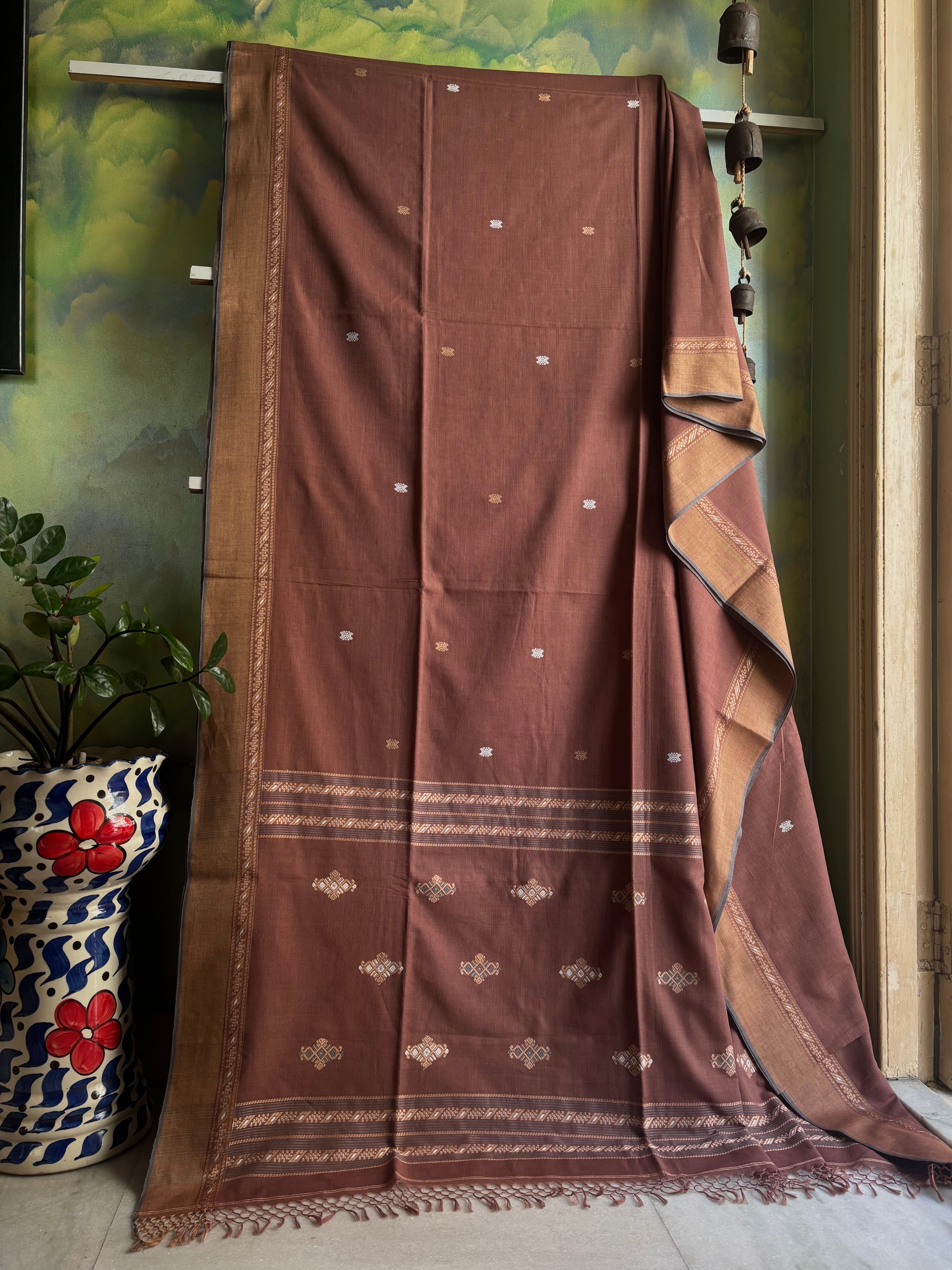 Handwoven Light Brown Phulia Cotton Saree