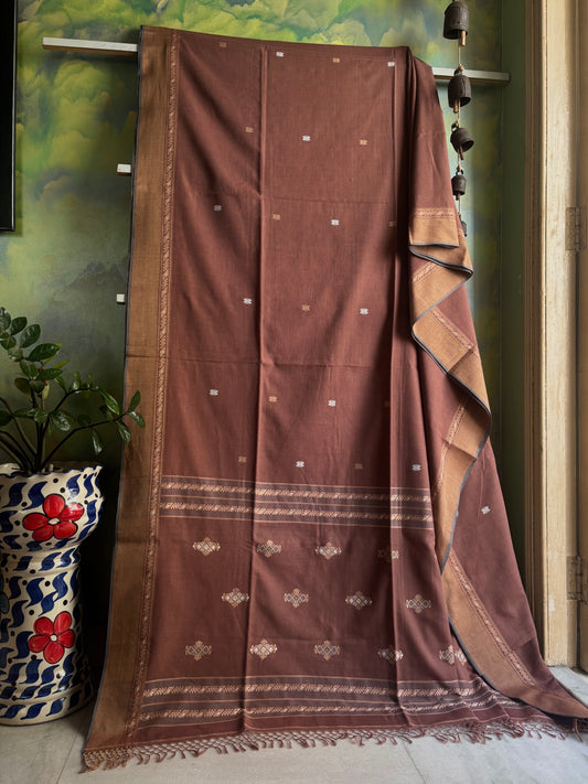 Handwoven Light Brown Phulia Cotton Saree