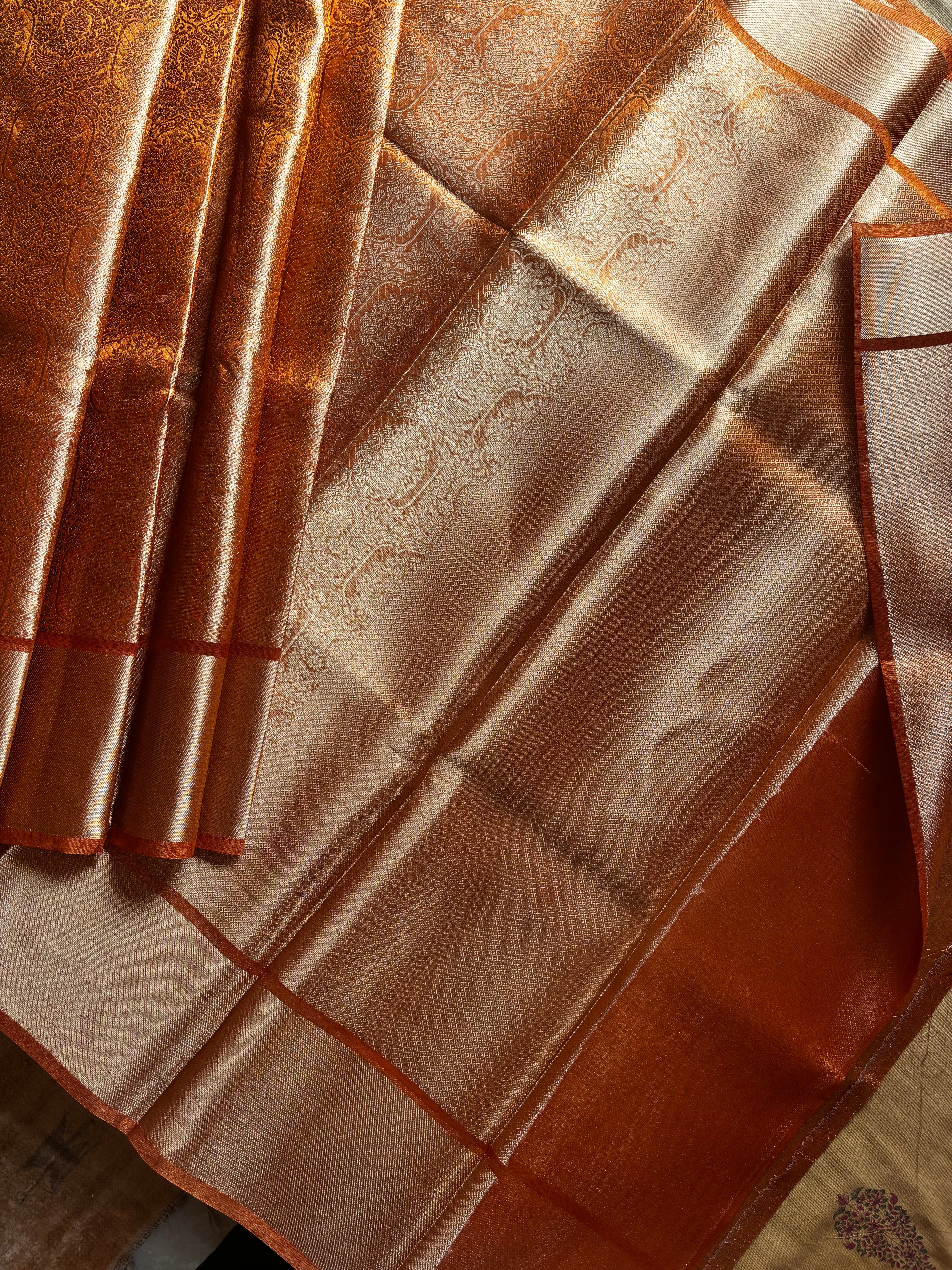 Golden Orange Tissue Copper Zari Saree