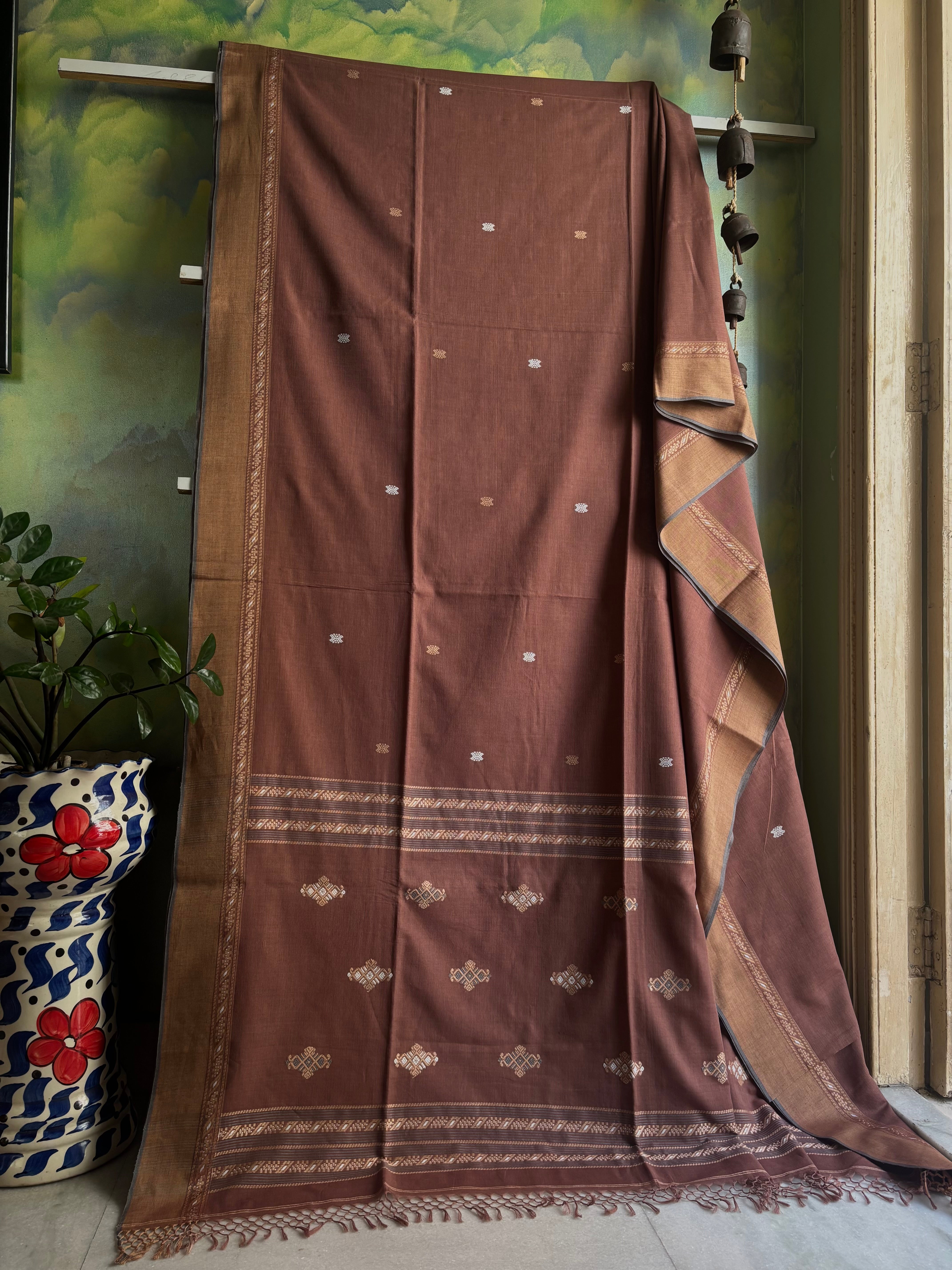 Handwoven Light Brown Phulia Cotton Saree