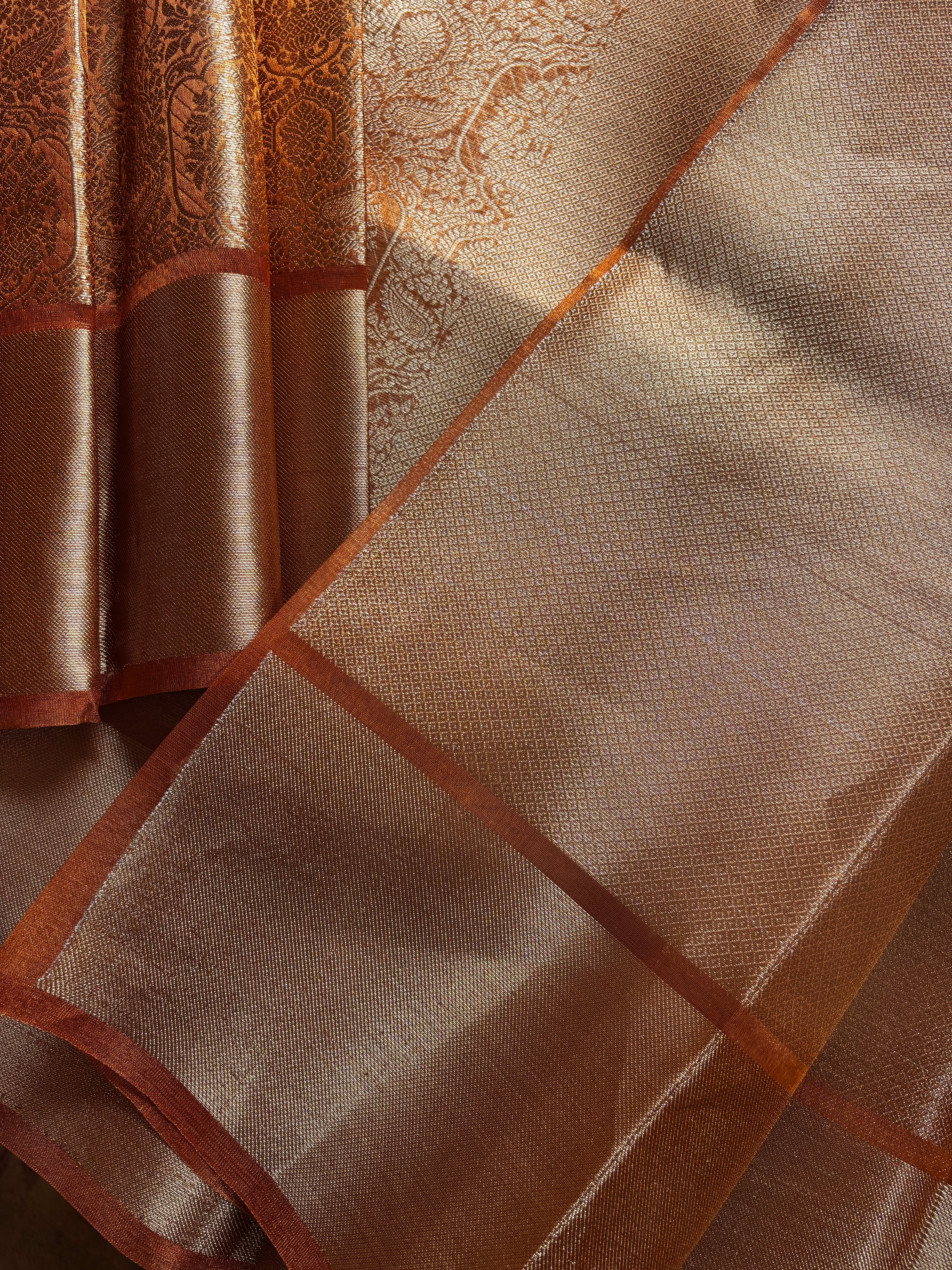 Golden Orange Tissue Copper Zari Saree