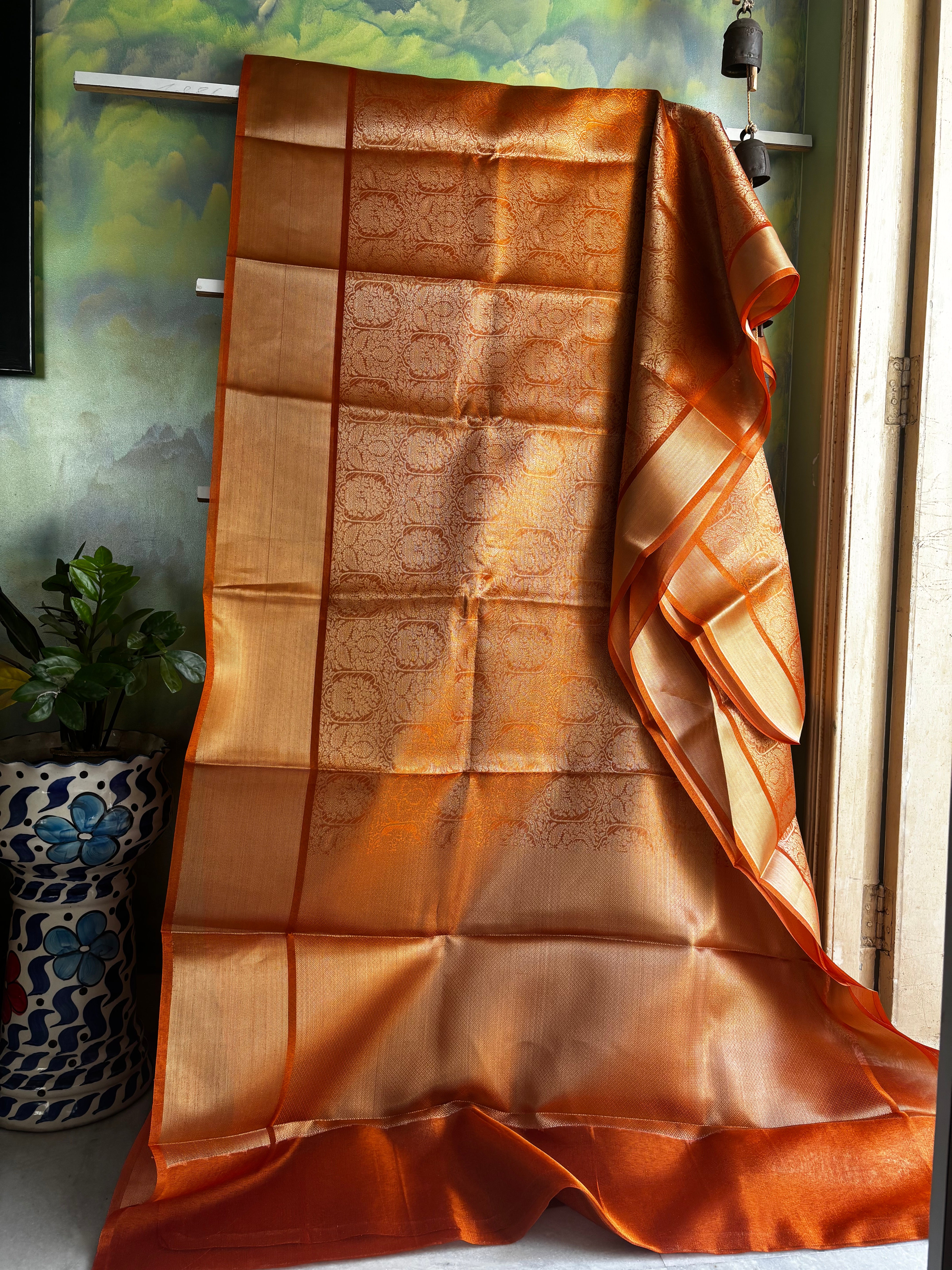 Golden Orange Tissue Copper Zari Saree