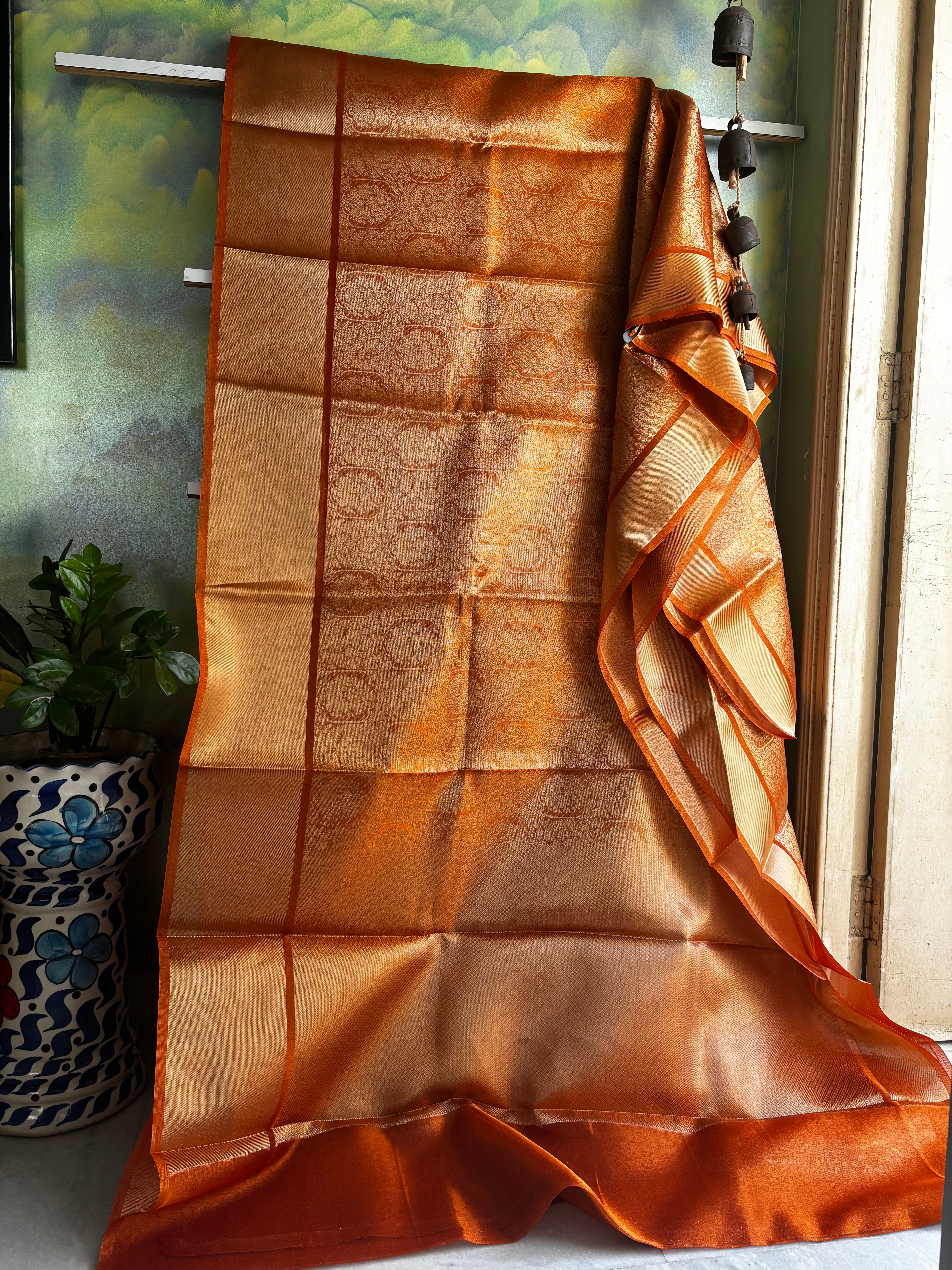Golden Orange Tissue Copper Zari Saree