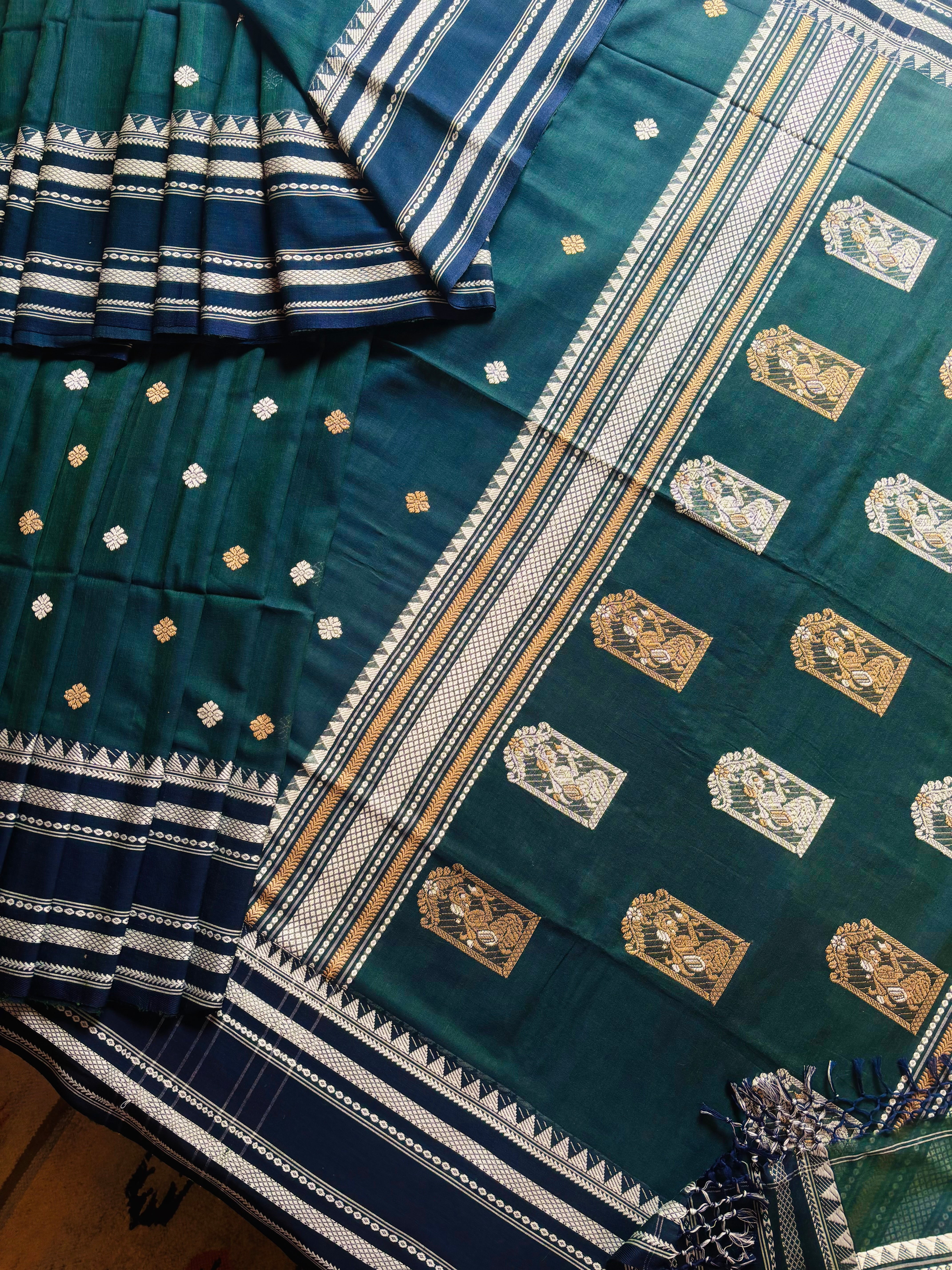 Handwoven Blue Green Dual Toned Phulia Cotton Saree