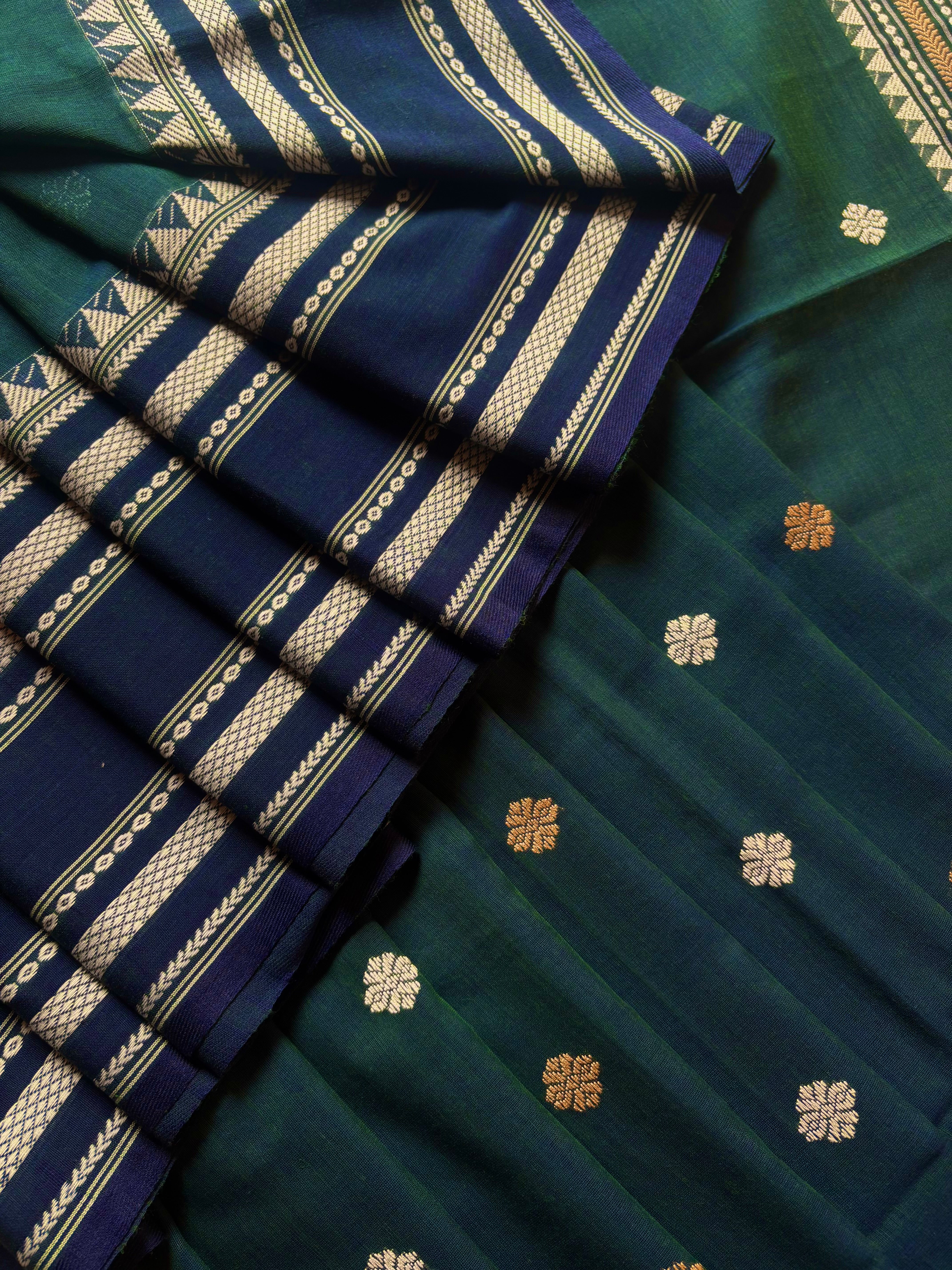 Handwoven Blue Green Dual Toned Phulia Cotton Saree