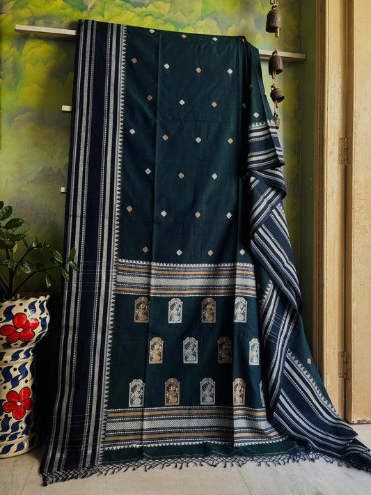 Handwoven Blue Green Dual Toned Phulia Cotton Saree