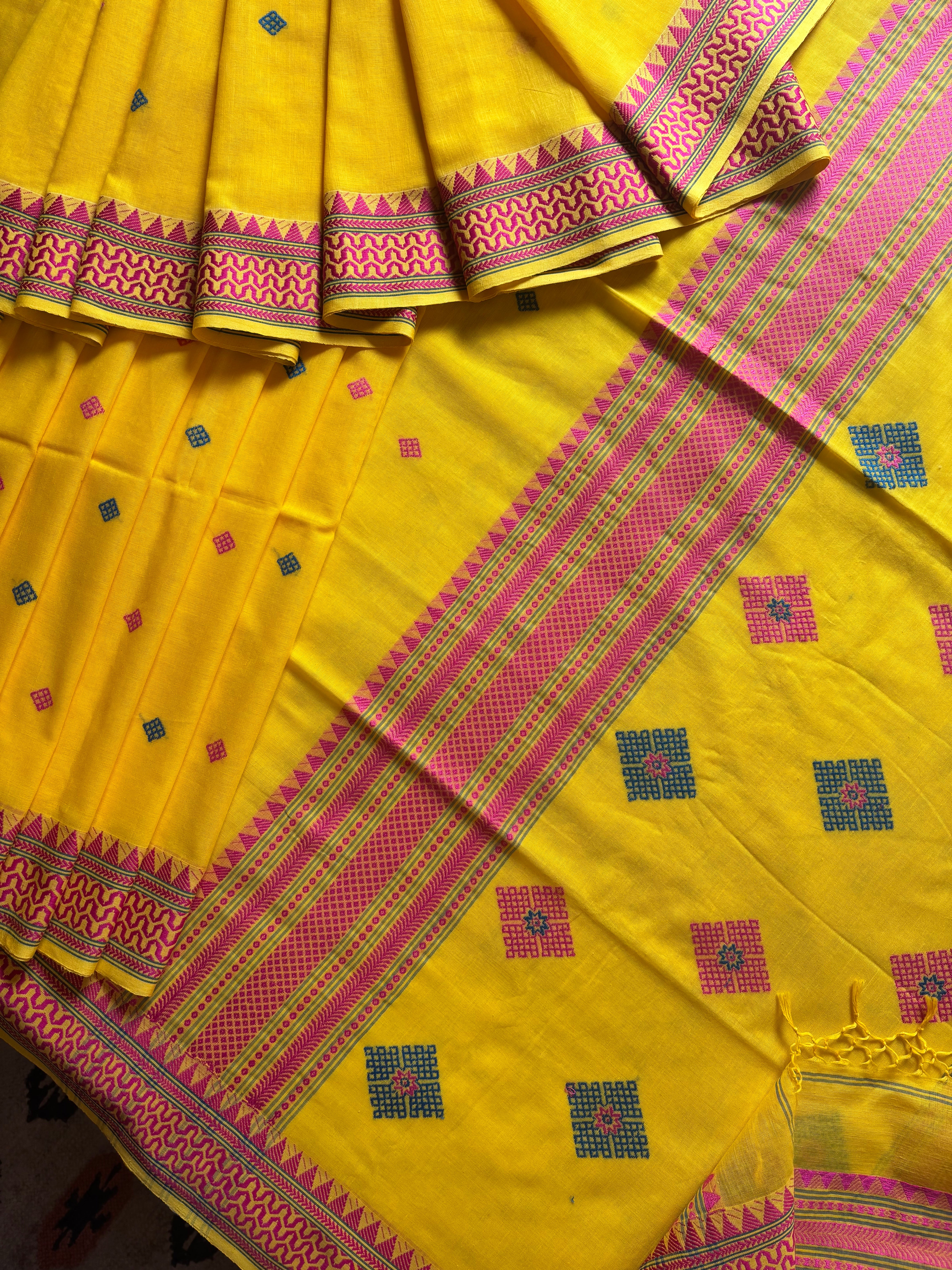 Handwoven Bright Yellow Colour Phulia Cotton Saree